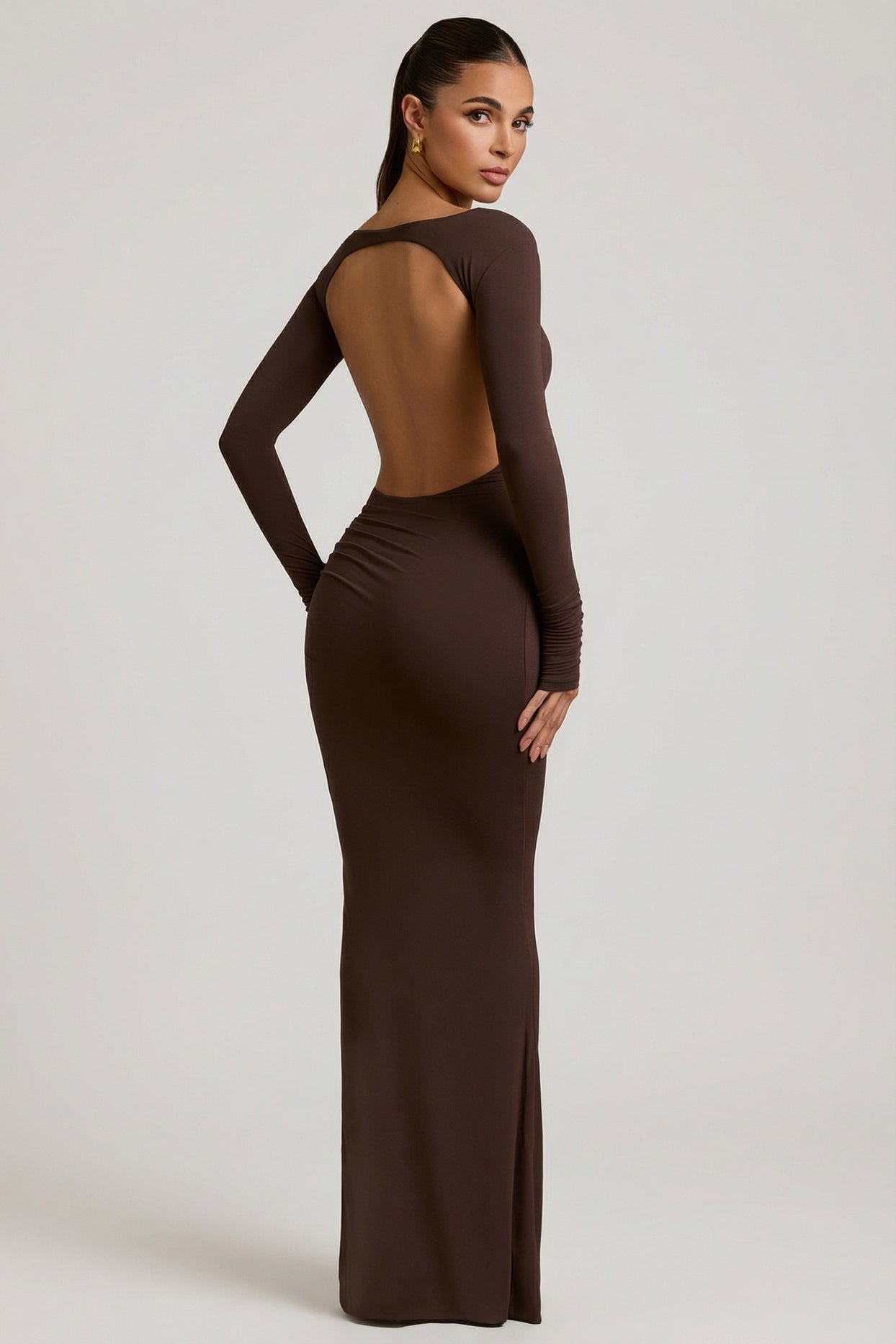 Modal Ruched Backless Maxi Dress in Chocolate Brown - 6