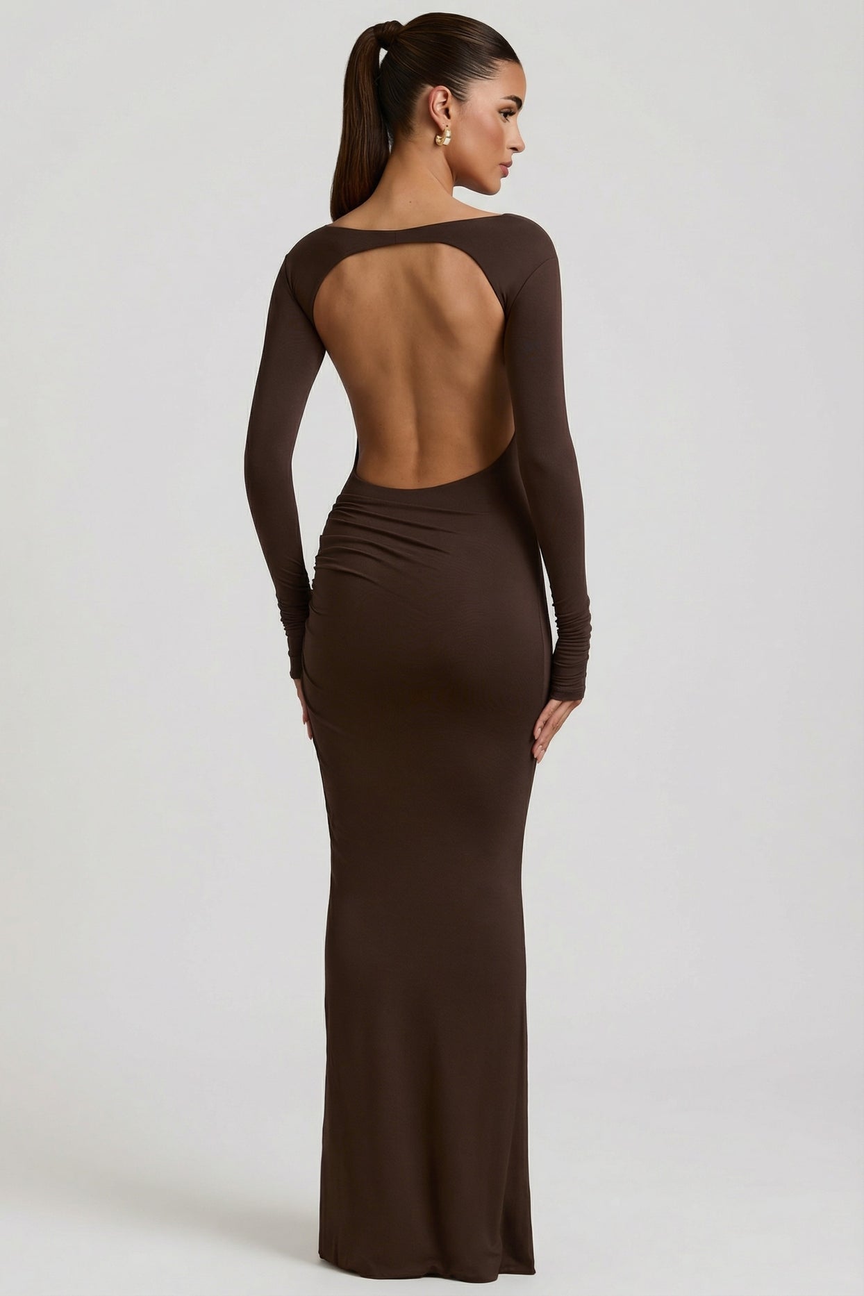 Modal Ruched Backless Maxi Dress in Chocolate Brown - 8