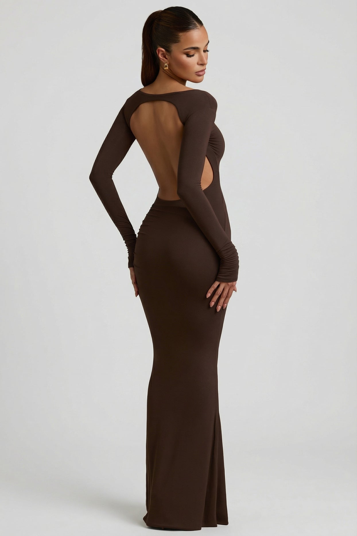 Modal Ruched Backless Maxi Dress in Chocolate Brown - 9