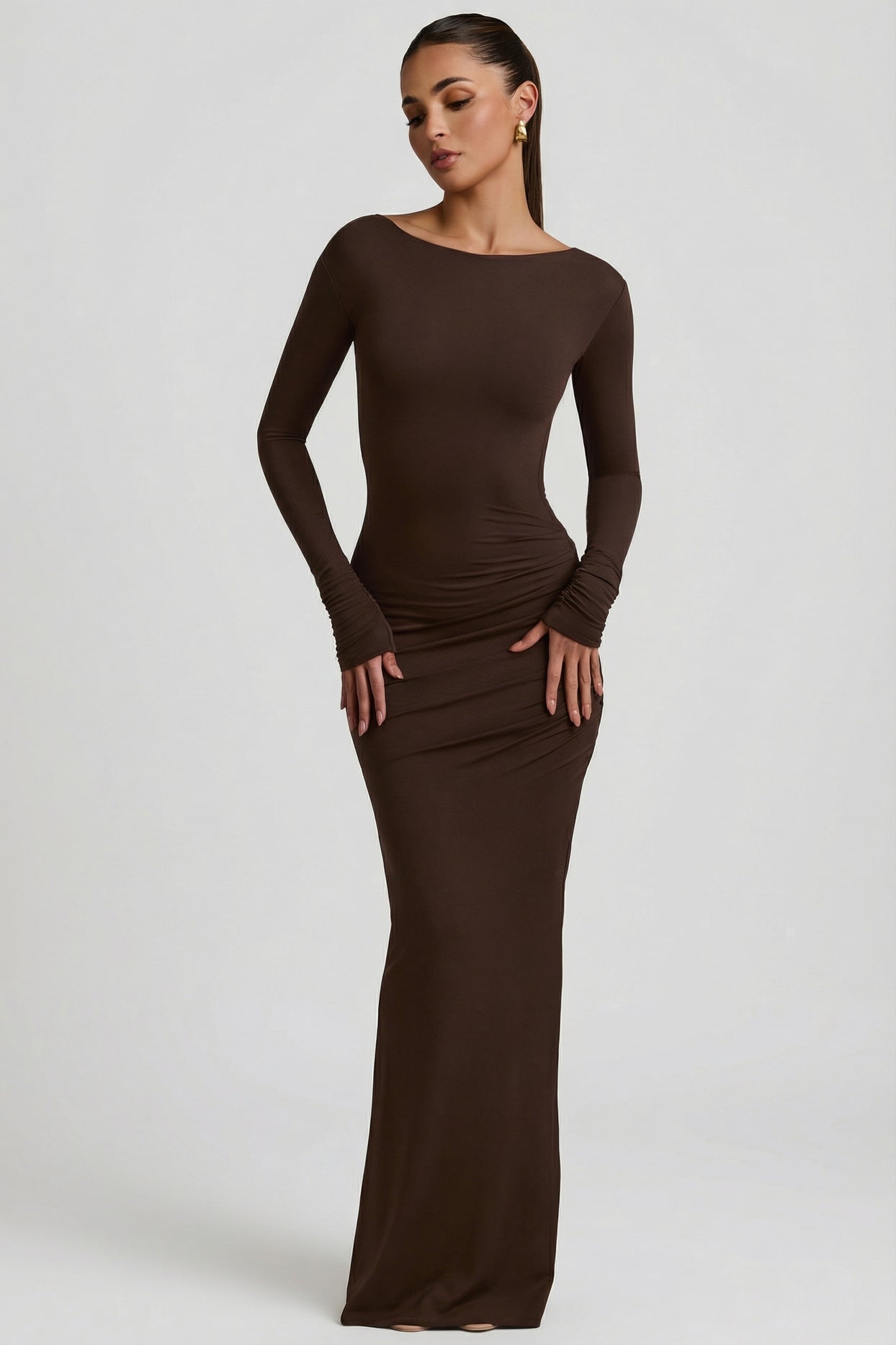 Modal Ruched Backless Maxi Dress in Chocolate Brown - 4