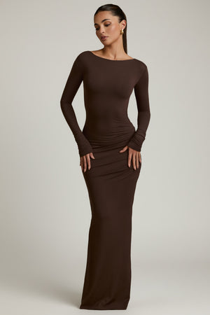 Modal Ruched Backless Maxi Dress in Chocolate Brown