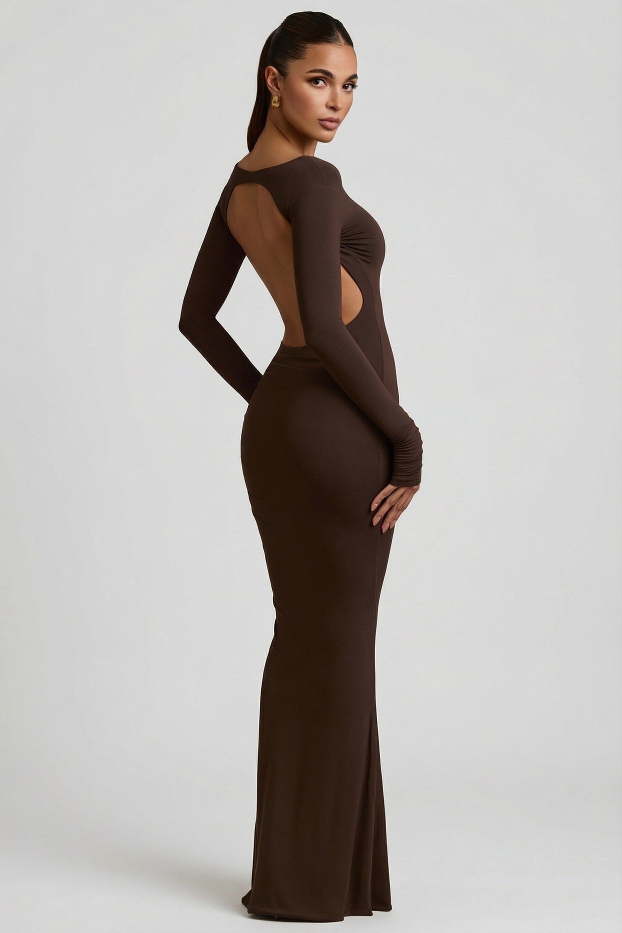 Modal Ruched Backless Maxi Dress in Chocolate Brown - 1