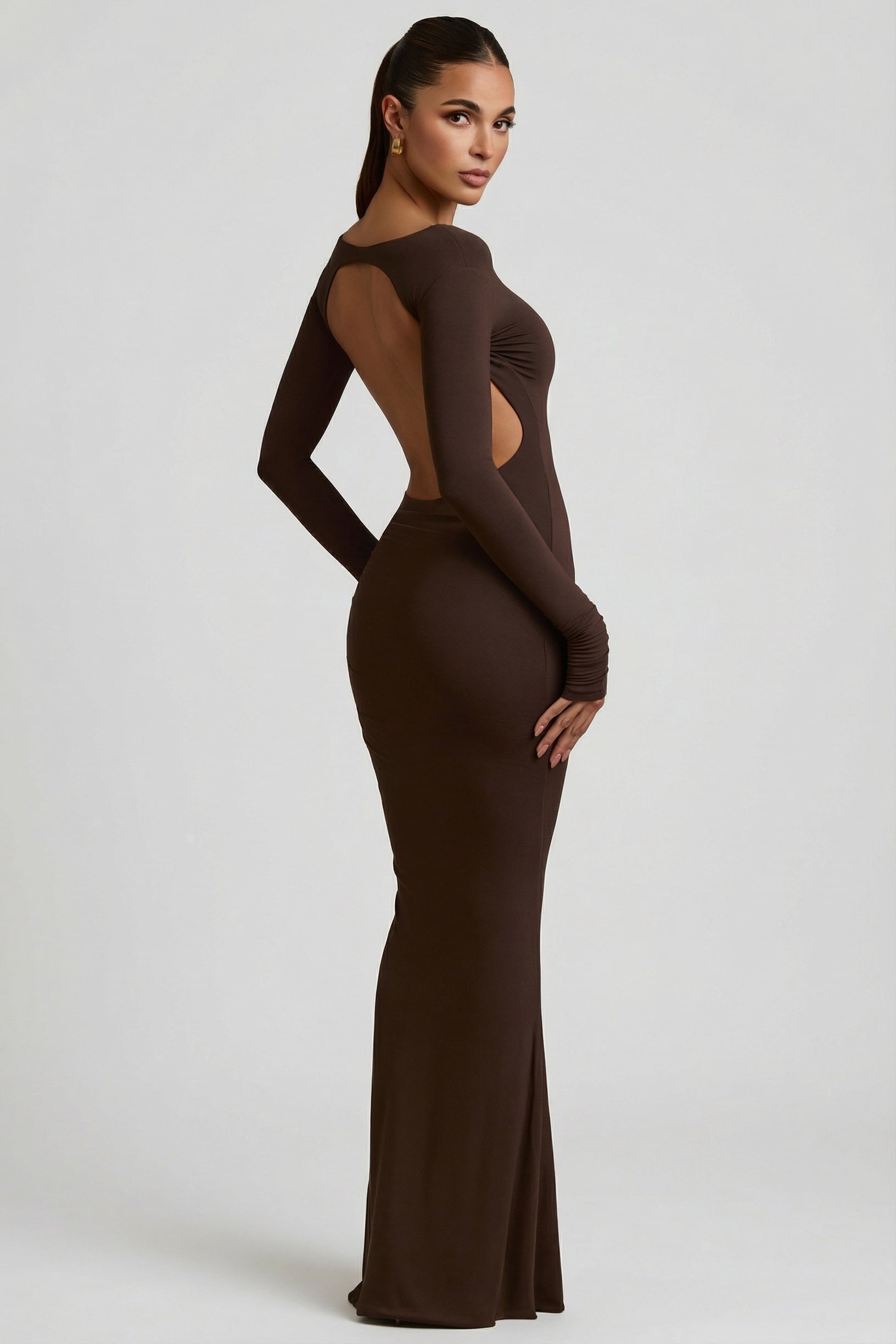 Modal Ruched Backless Maxi Dress in Chocolate Brown - 1