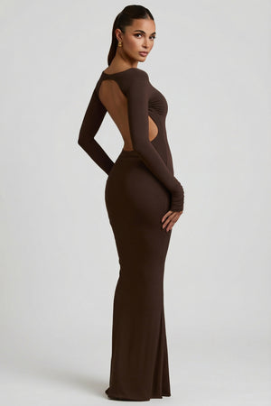 Oh Polly's Leidy wearing the Regine Maxi Dress in Chocolate Brown Modal fabric perfect for elegant dinner dates