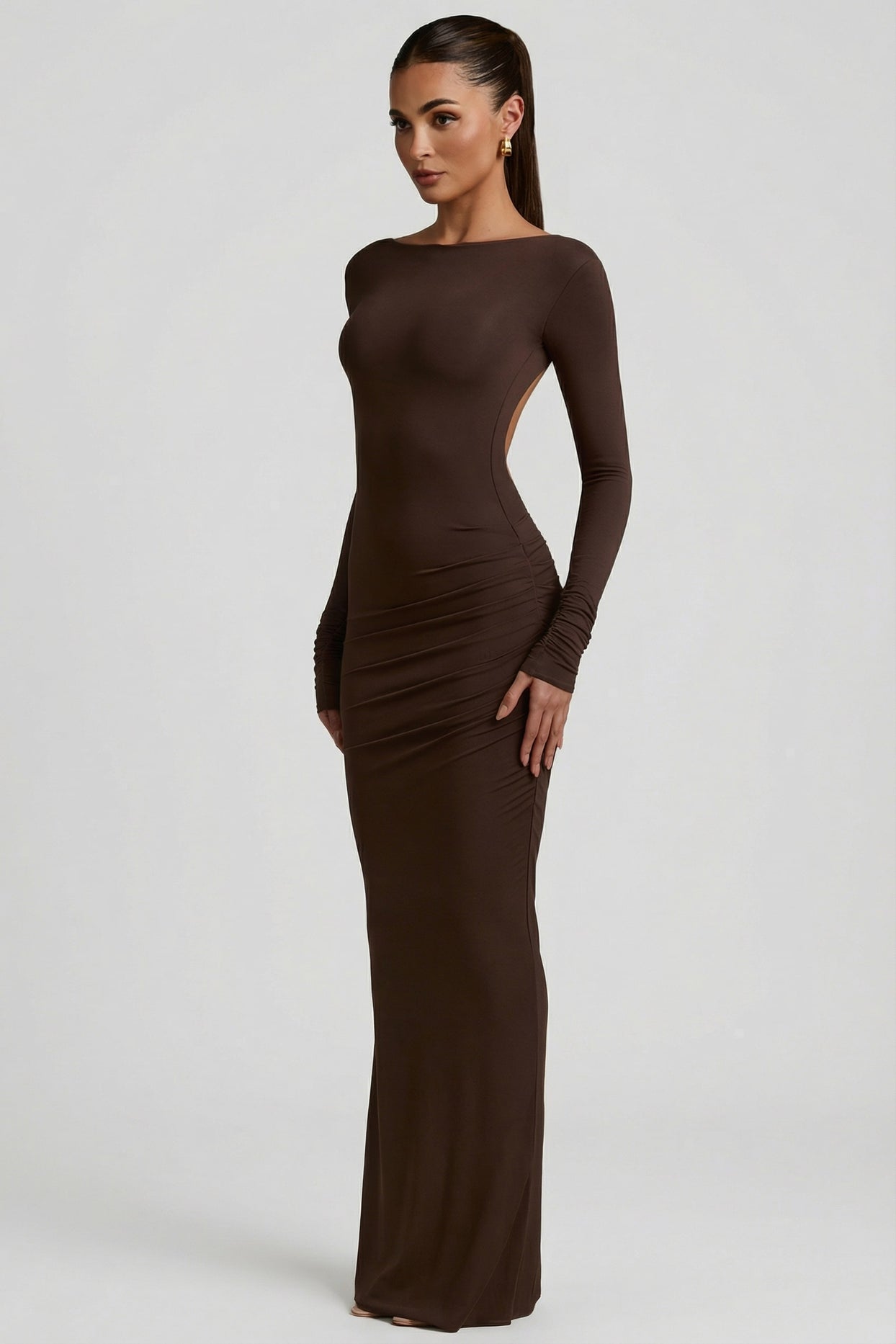 Modal Ruched Backless Maxi Dress in Chocolate Brown - 5