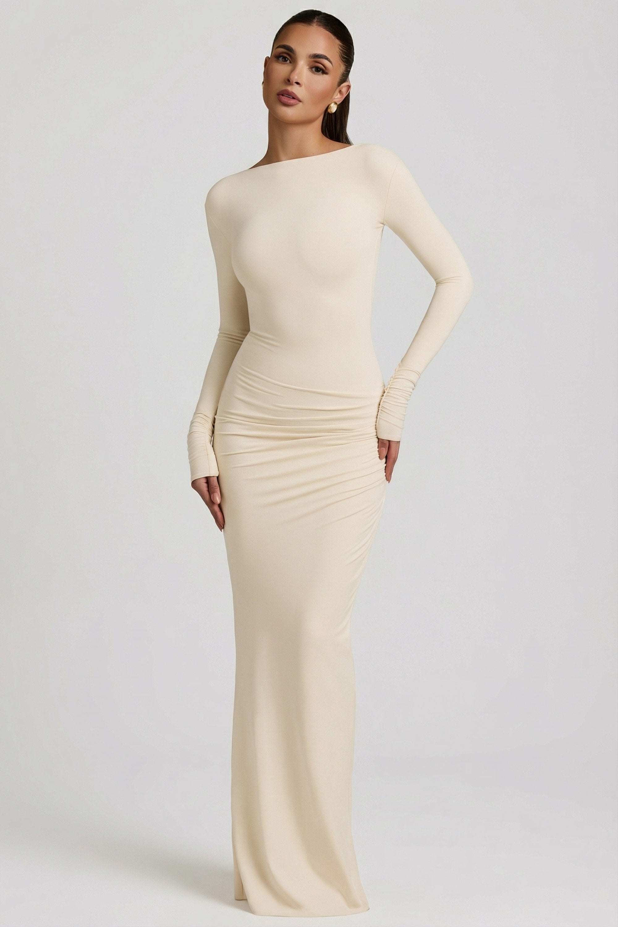 long sleeve embellished backless maxi dress in beige Long Sleeve Embellished Backless Maxi Dress in Beige