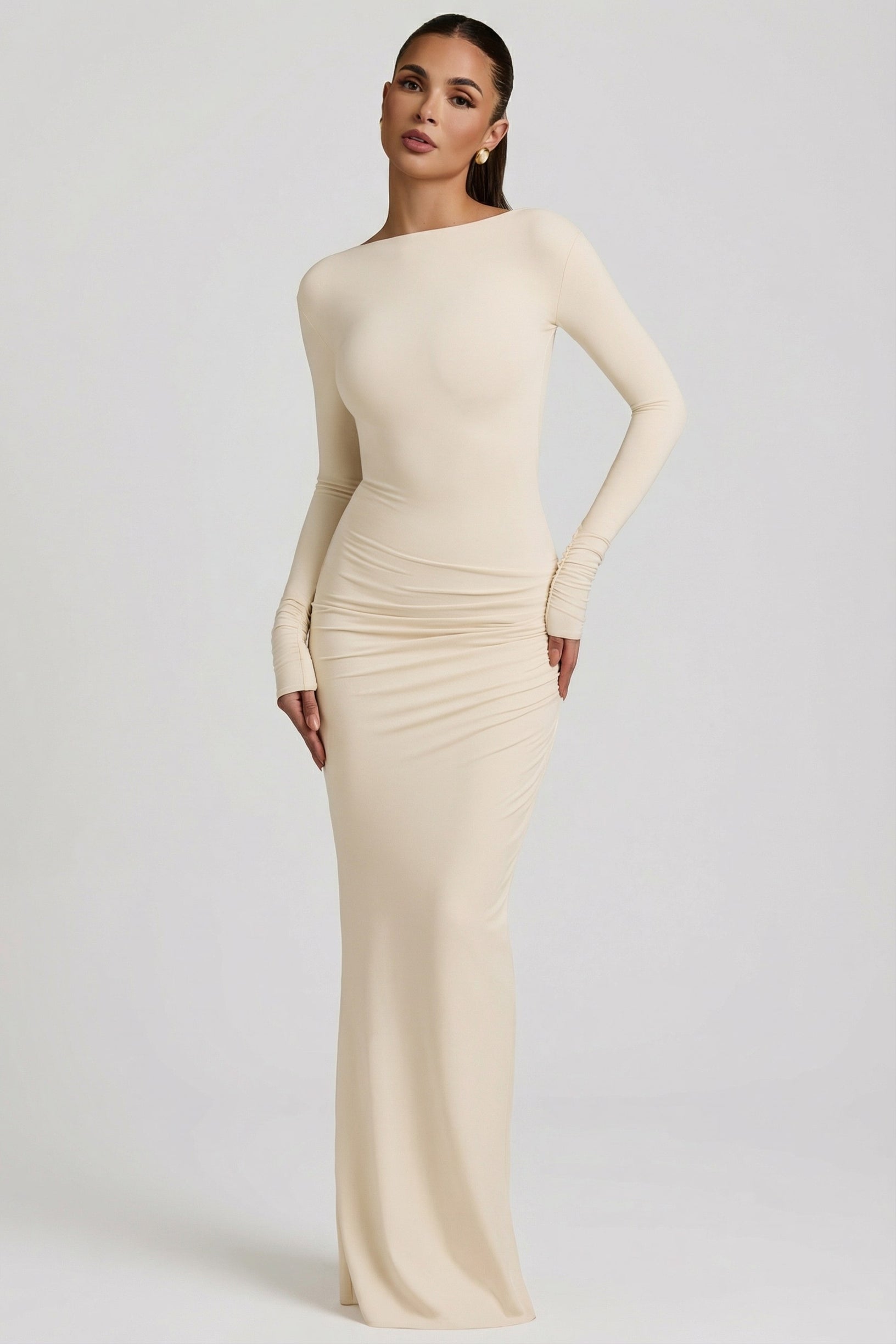 Modal Ruched Backless Maxi Dress in Ivory - 1