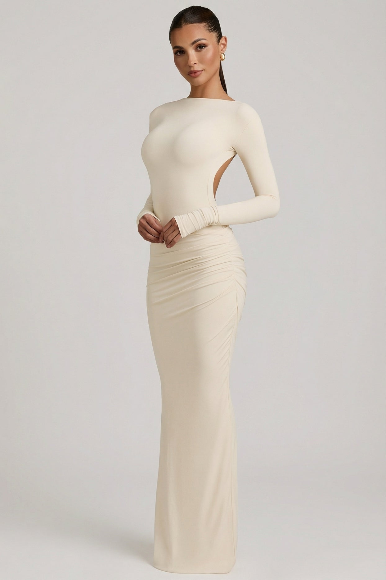 Modal Ruched Backless Maxi Dress in Ivory - 7