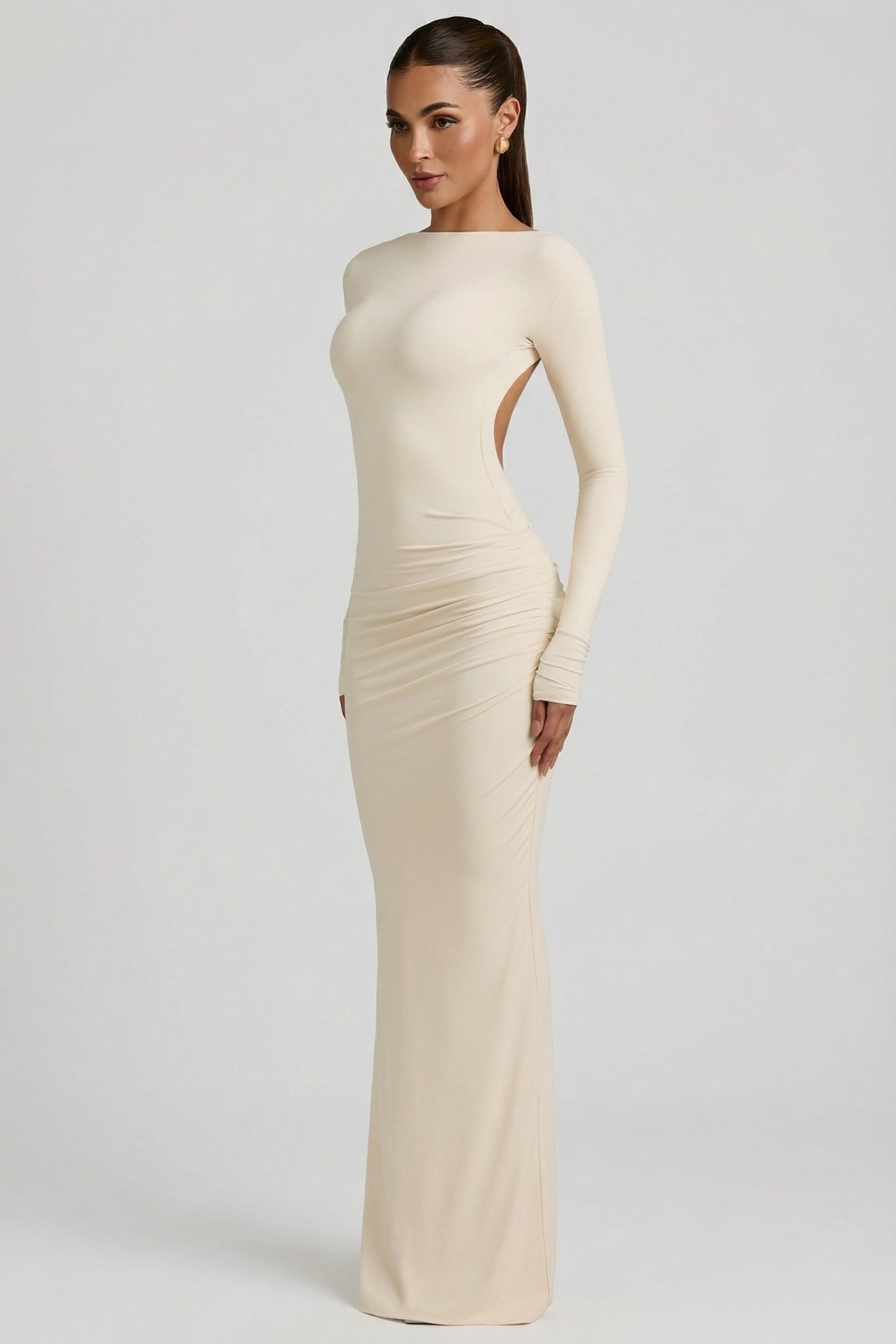 Modal Ruched Backless Maxi Dress in Ivory - 9