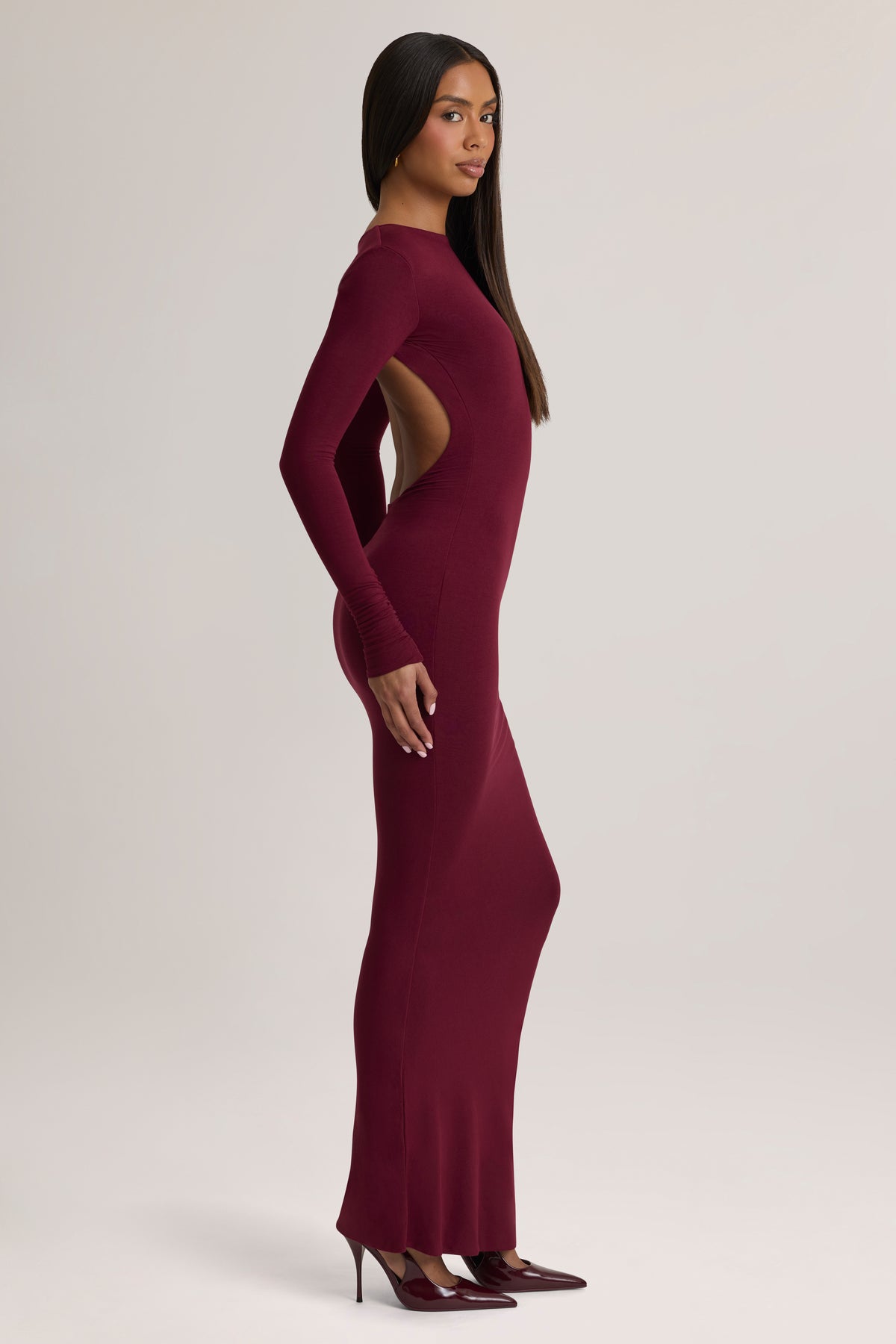 Modal Ruched Backless Maxi Dress in Wine