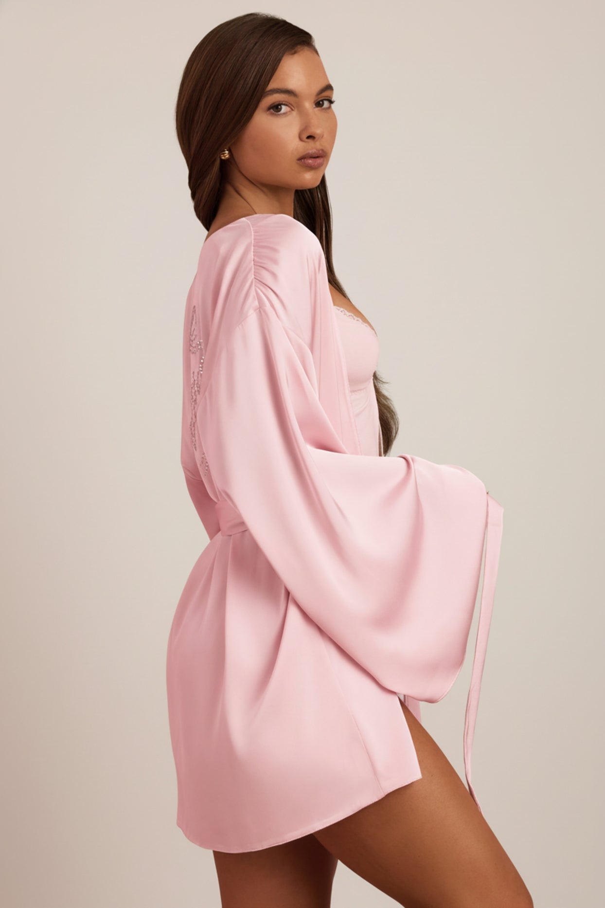 Embellished Wrap-Over Robe in Baby Pink - 3