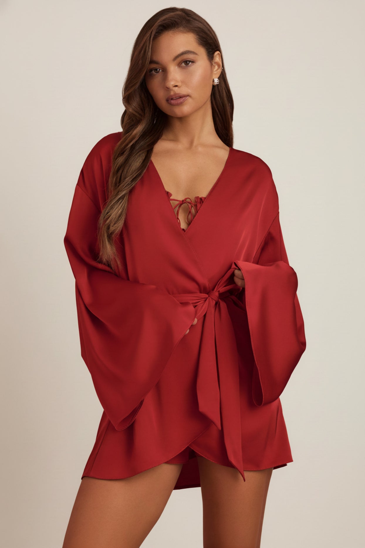 Embellished Loose-Fit Wrap-Over Robe in Ruby Red - 5