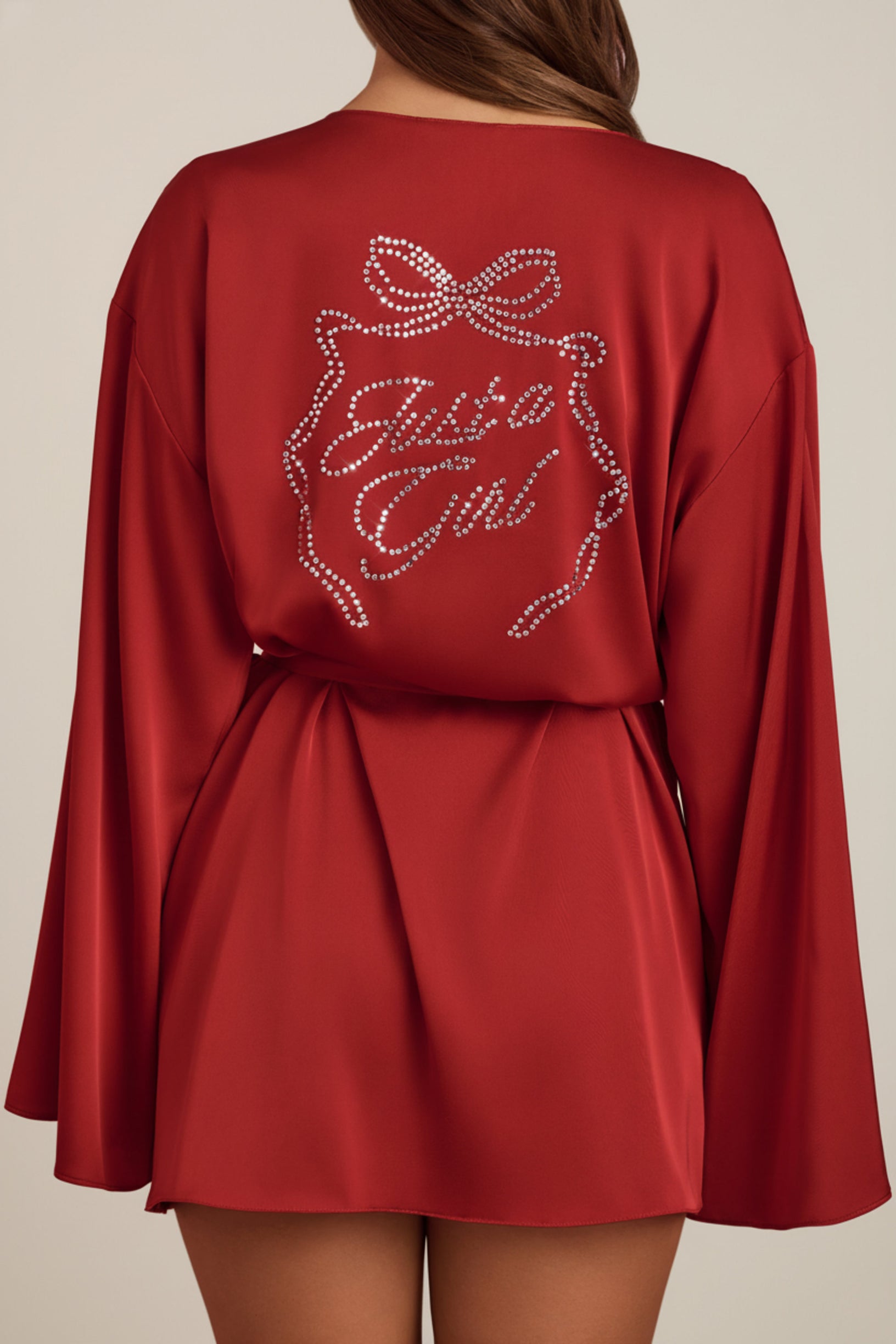 Embellished Loose-Fit Wrap-Over Robe in Ruby Red - 2