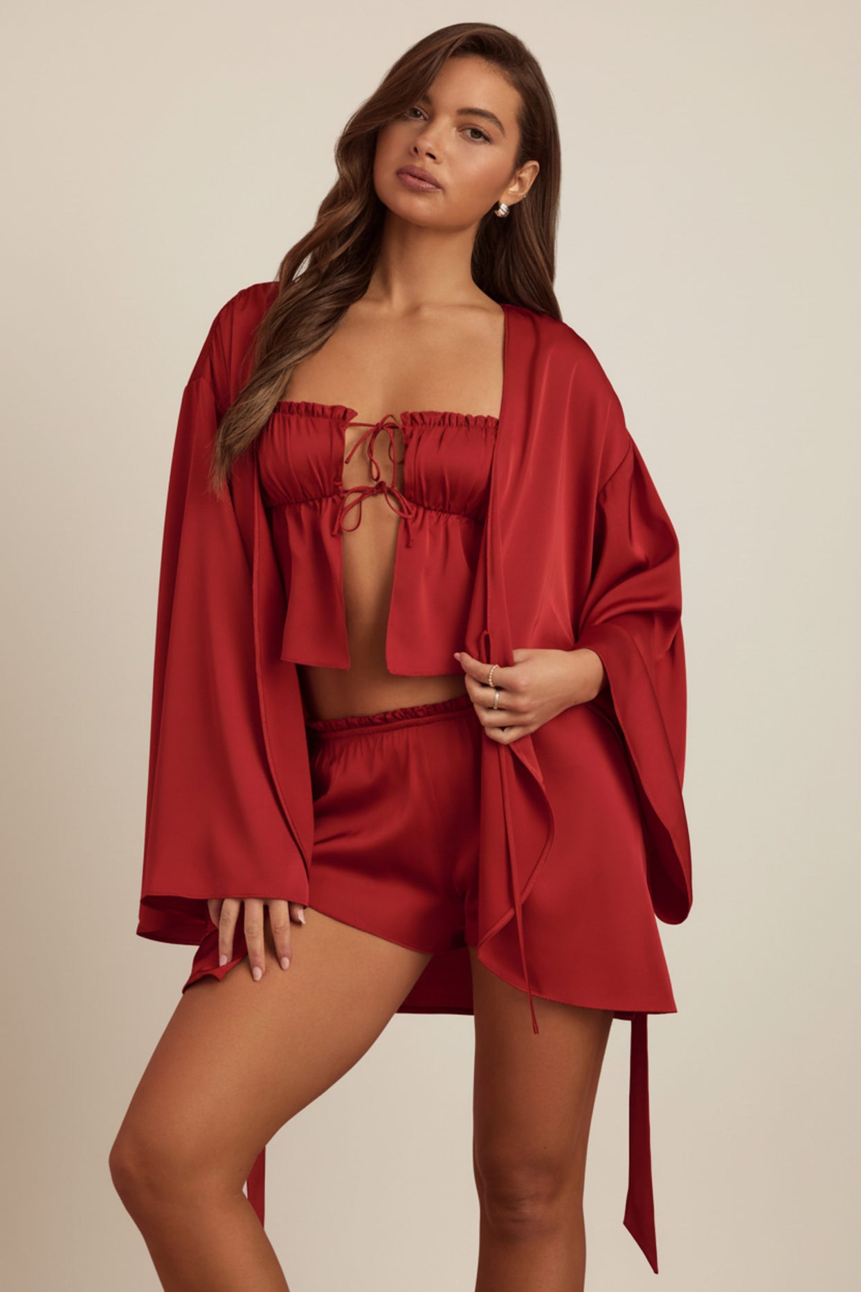 Embellished Loose-Fit Wrap-Over Robe in Ruby Red - 6
