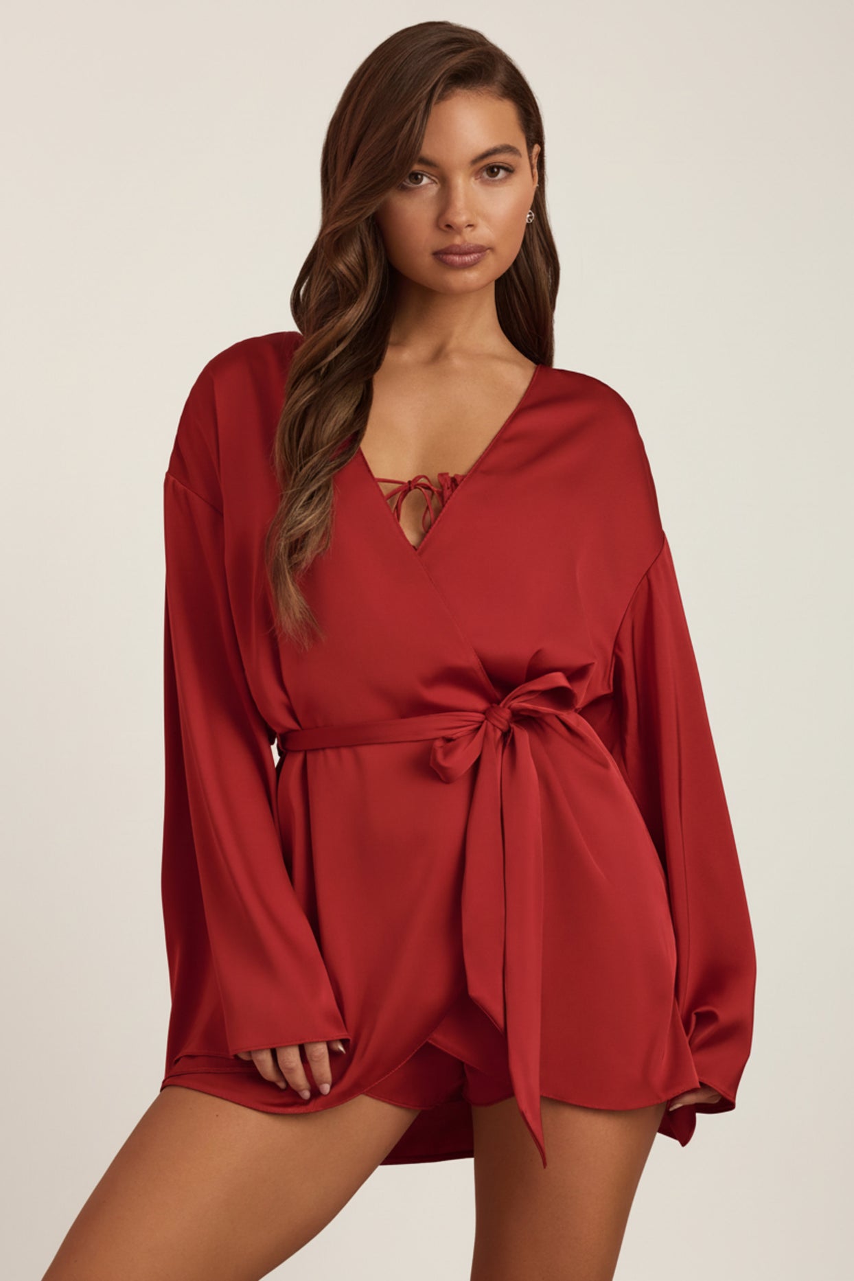 Embellished Loose-Fit Wrap-Over Robe in Ruby Red - 1