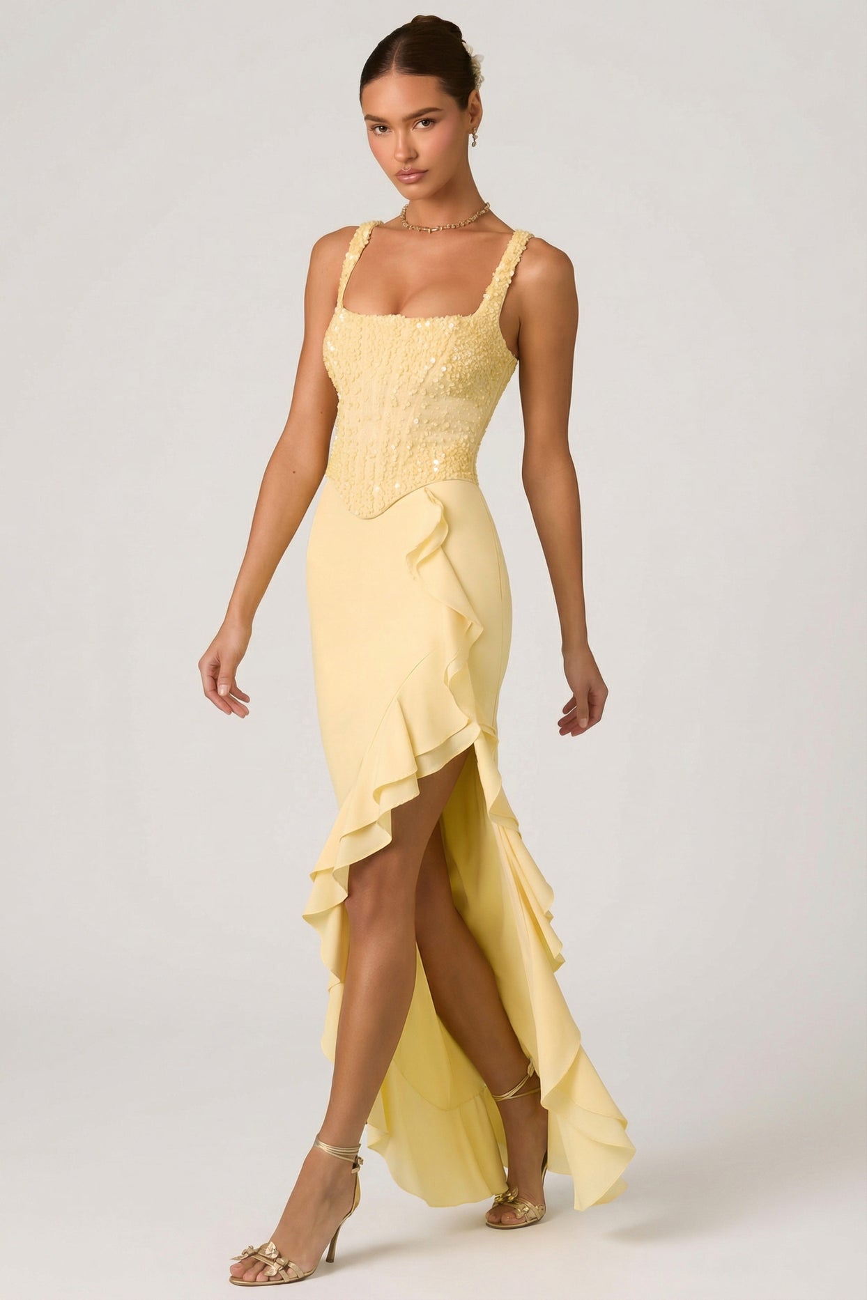 Embellished Ruffle-Trim Corset Gown in Yellow - 6