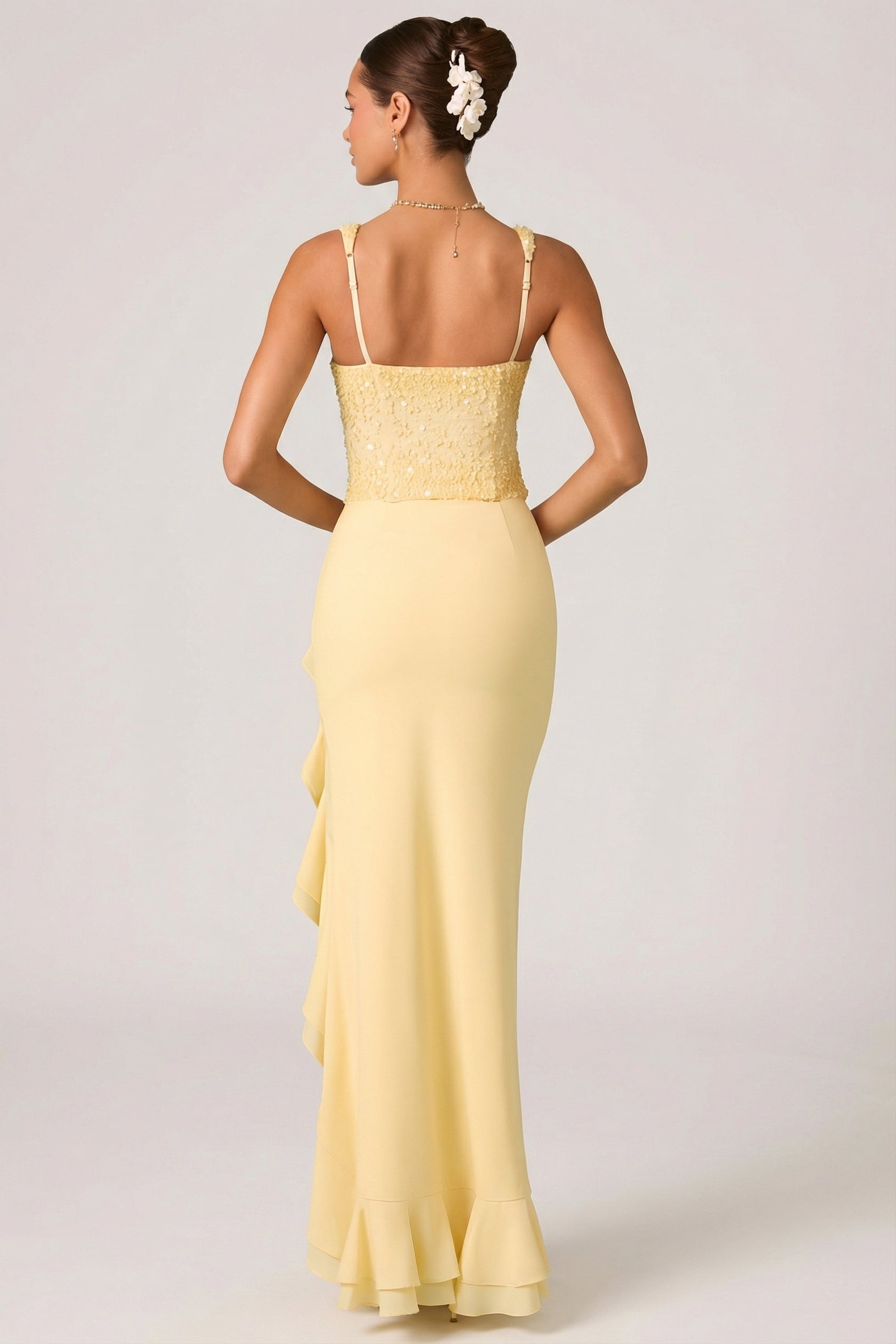 Embellished Ruffle-Trim Corset Gown in Yellow - 2