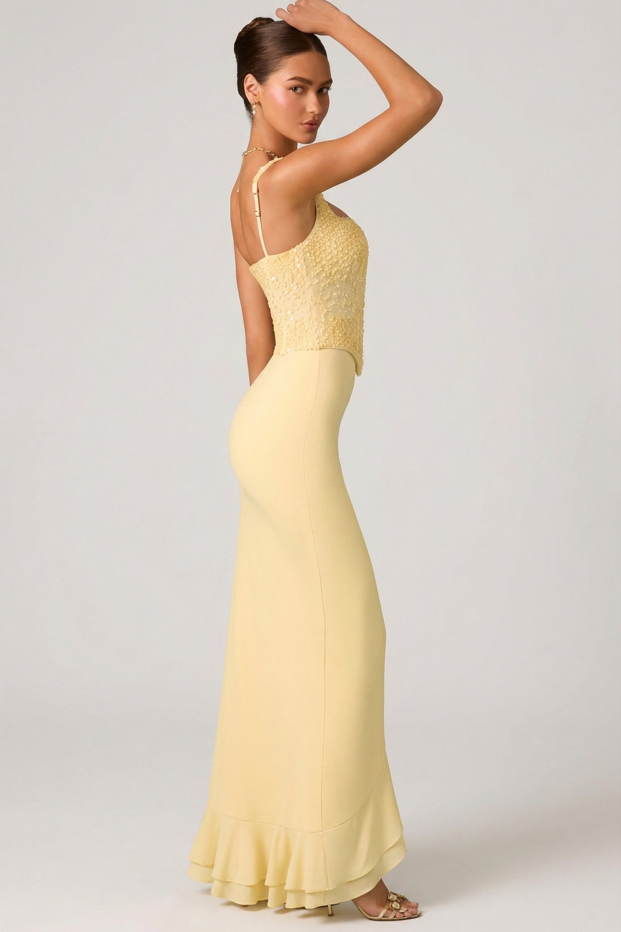 Embellished Ruffle-Trim Corset Gown in Yellow - 4