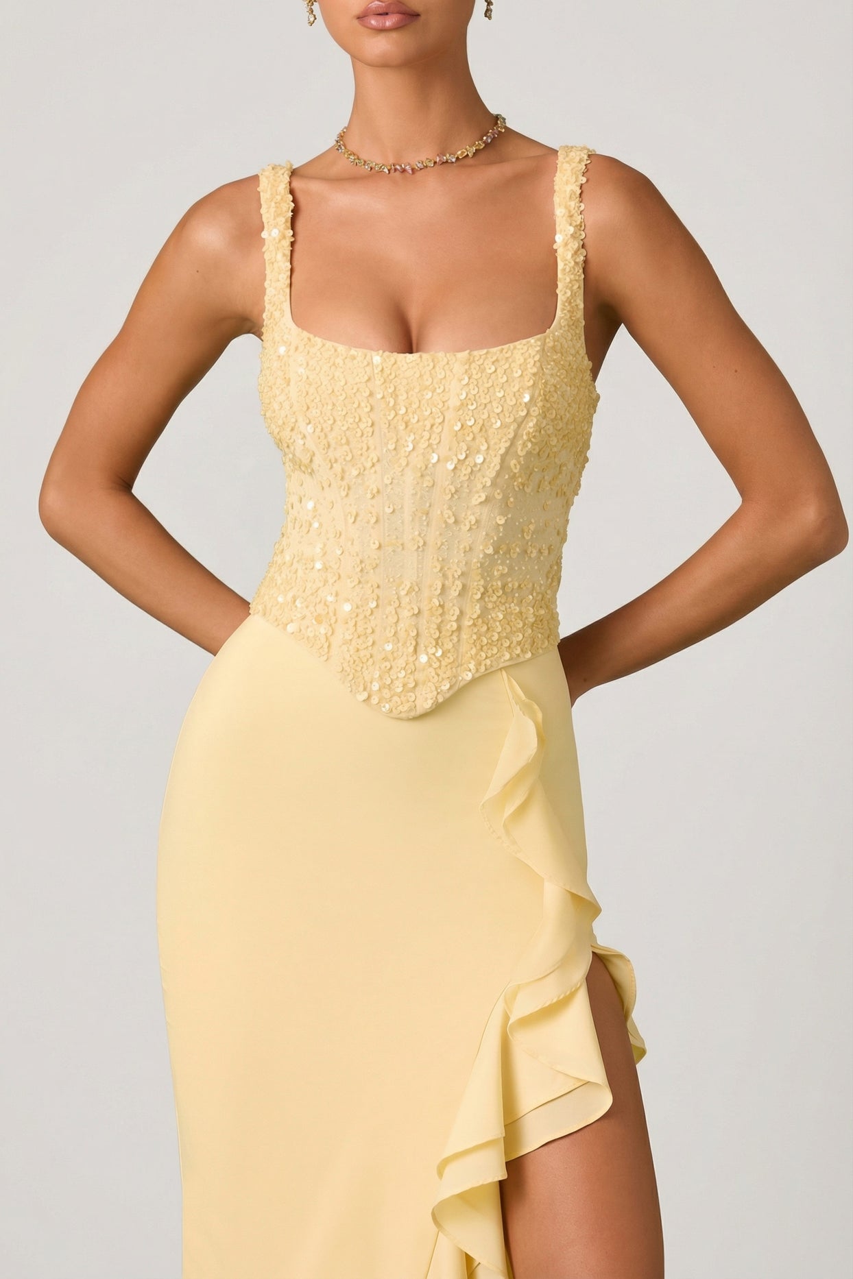 Embellished Ruffle-Trim Corset Gown in Yellow - 3