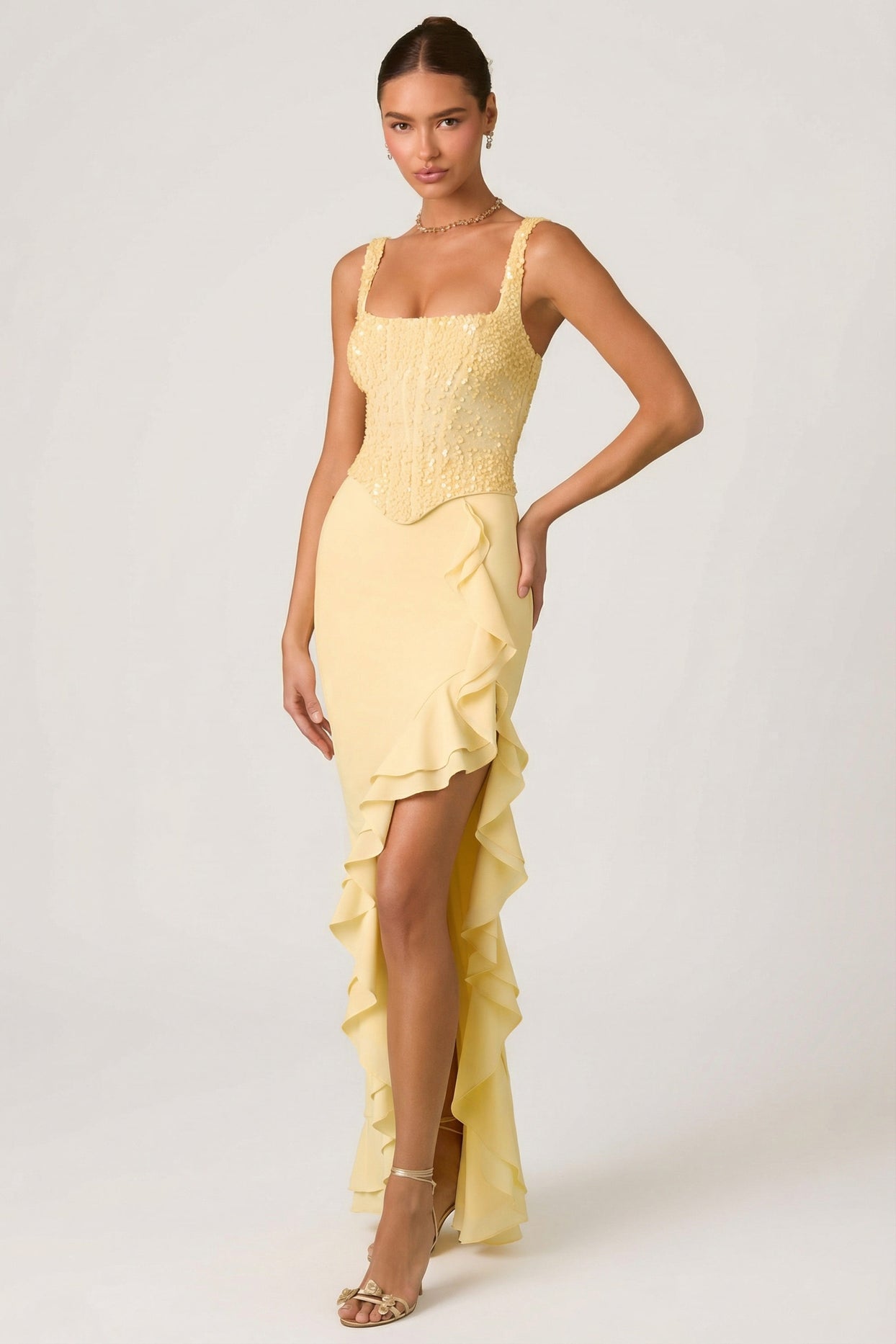 Embellished Ruffle-Trim Corset Gown in Yellow - 8