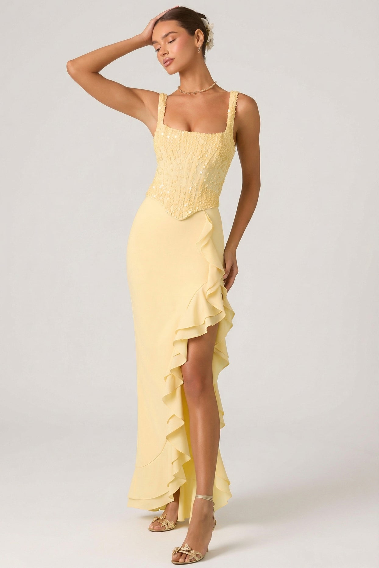 Embellished Ruffle-Trim Corset Gown in Yellow - 5