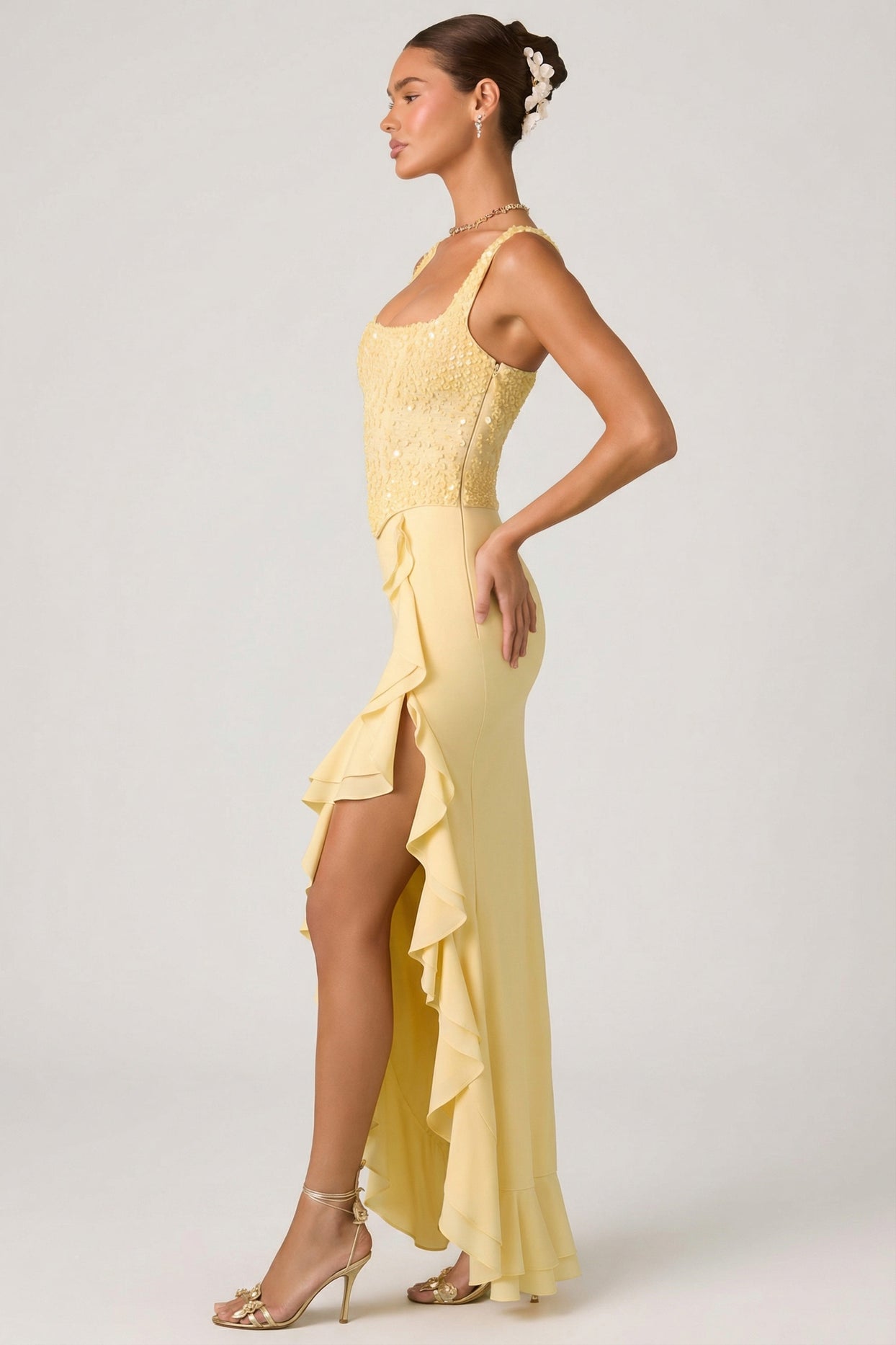 Embellished Ruffle-Trim Corset Gown in Yellow - 7