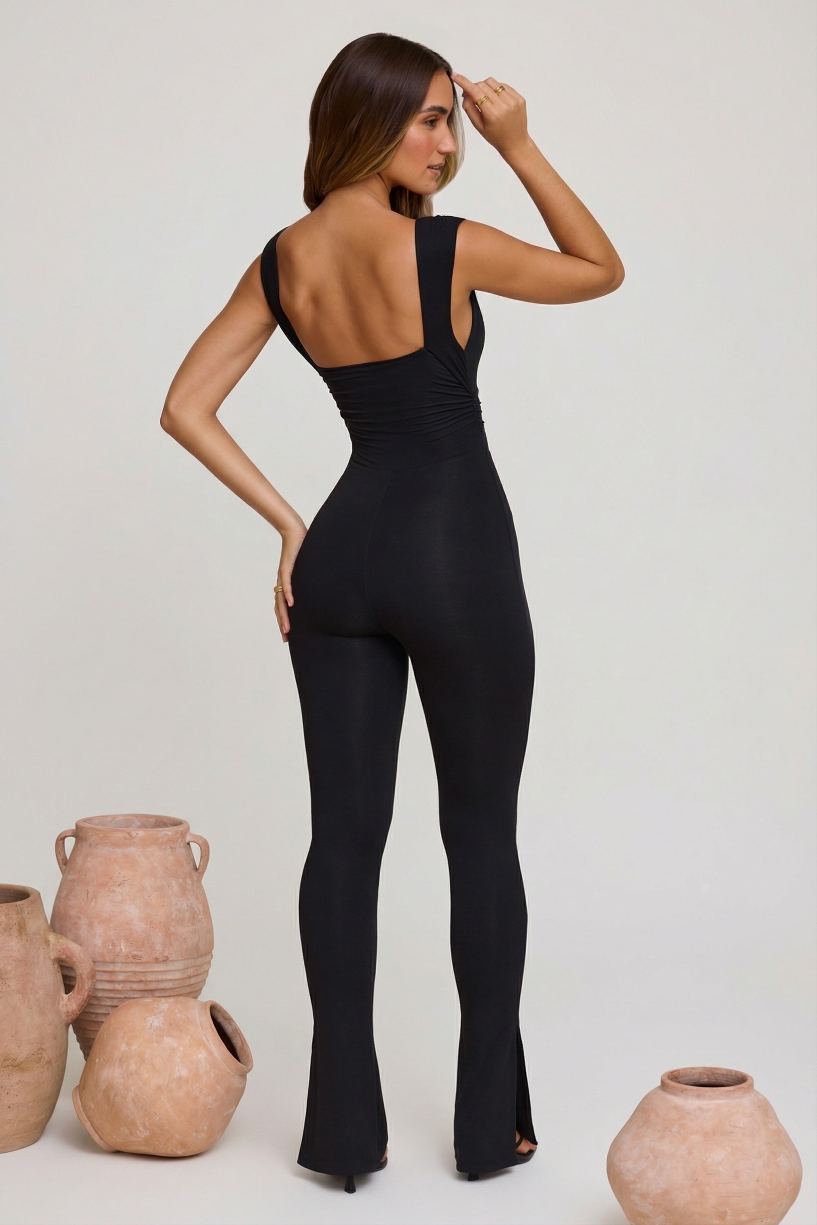 Plunge Neck Ruched Waist Jumpsuit in Black - 2