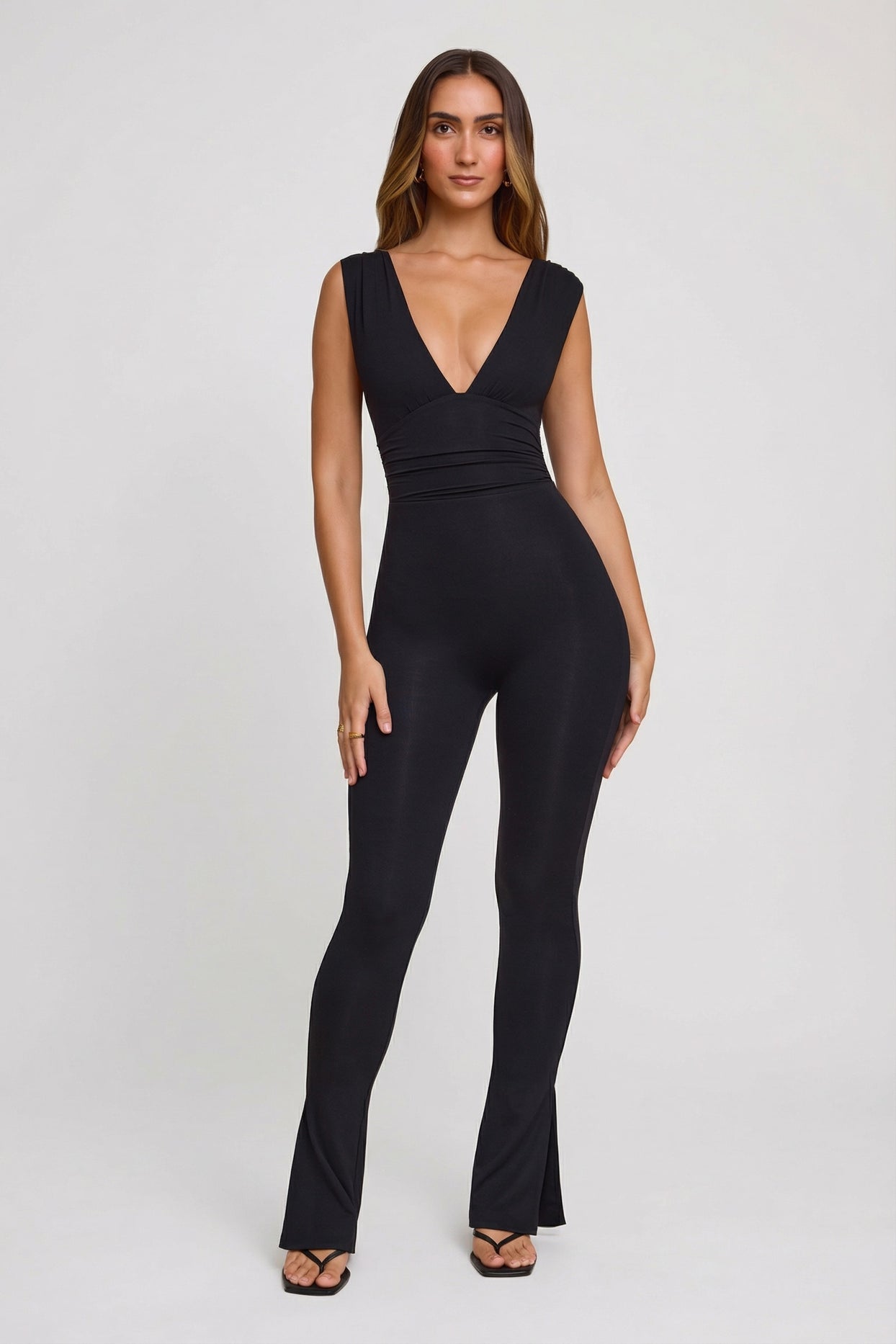 Plunge Neck Ruched Waist Jumpsuit in Black - 8