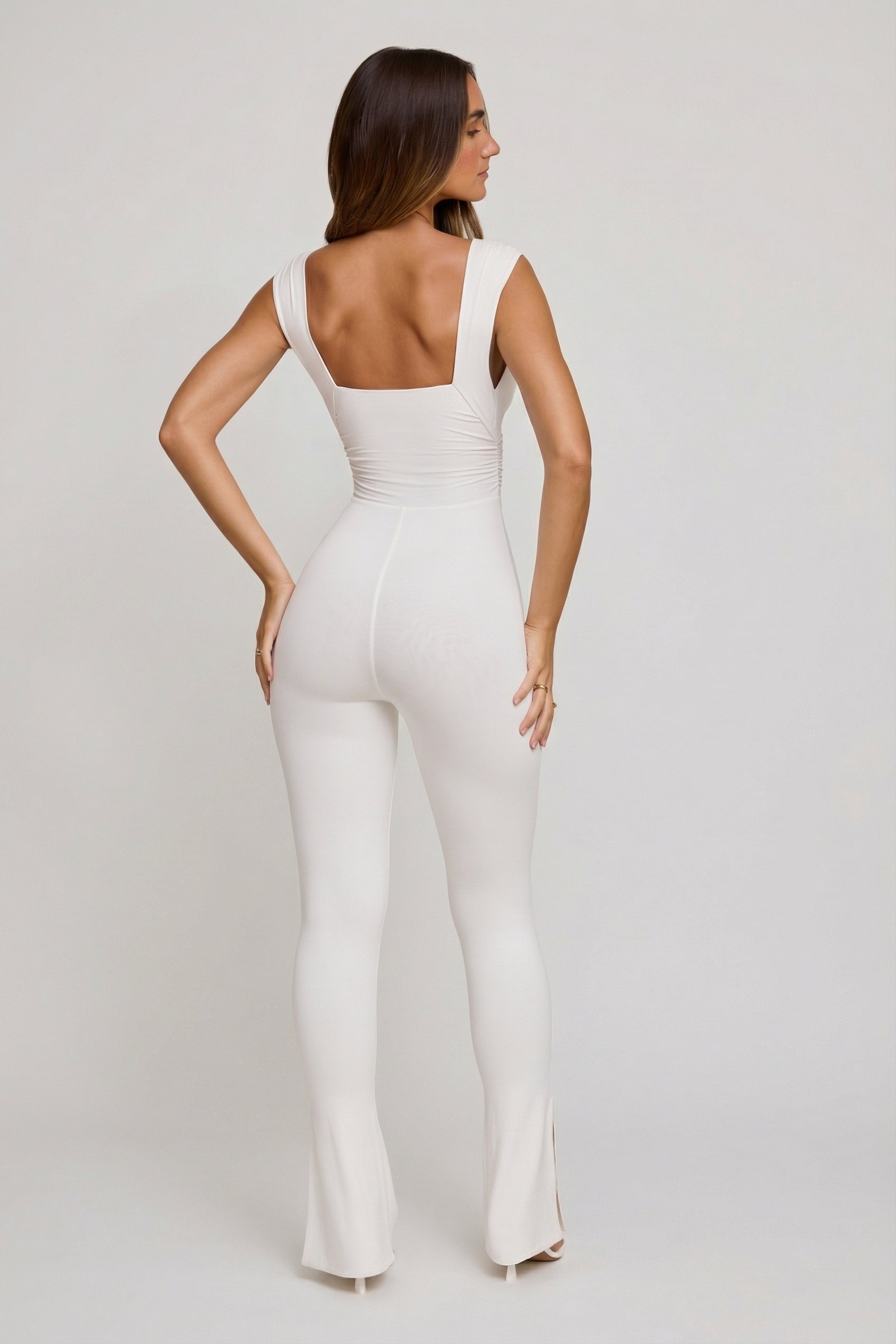 Plunge Neck Ruched Waist Jumpsuit in White - 2