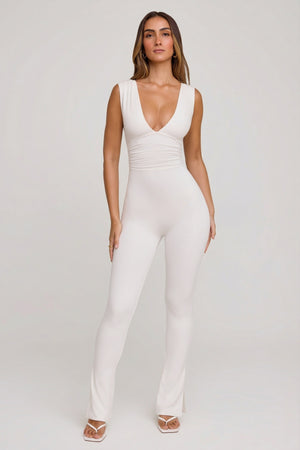 Oh Polly's Priscilla wearing the Romana Jumpsuit (reg) in White Modal fabric perfect for garden weddings