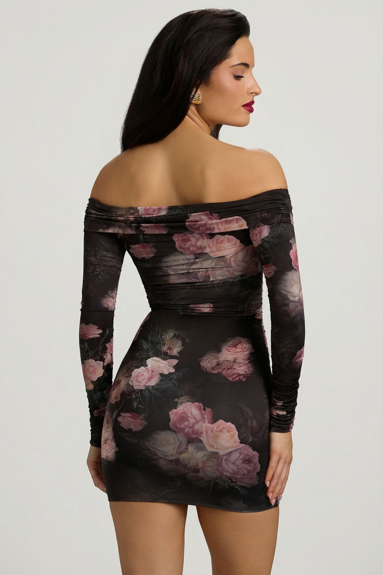 Off-Shoulder Ruched Bodycon Mini Dress in Black Floral Print - 10
