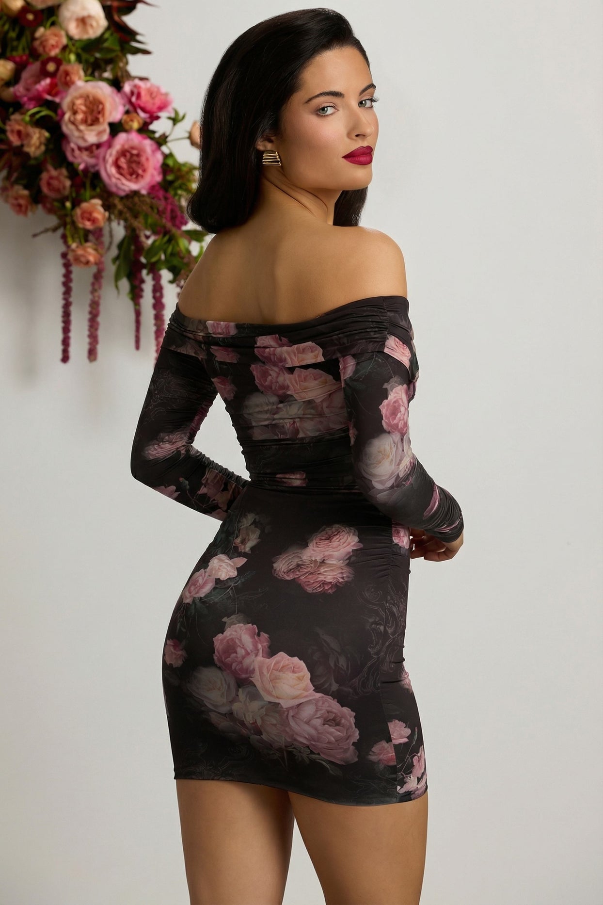 Off-Shoulder Ruched Bodycon Mini Dress in Black Floral Print - 13