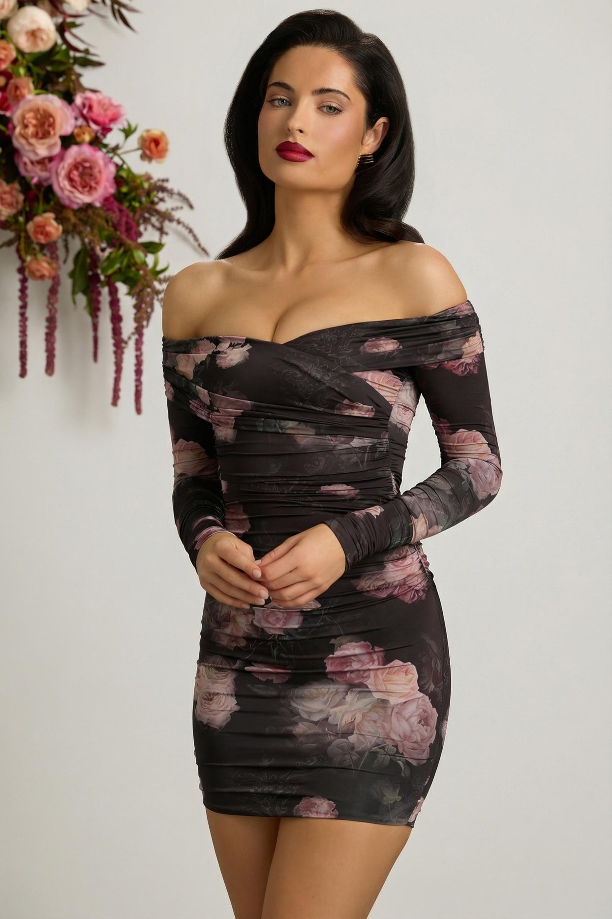 Off-Shoulder Ruched Bodycon Mini Dress in Black Floral Print - 14
