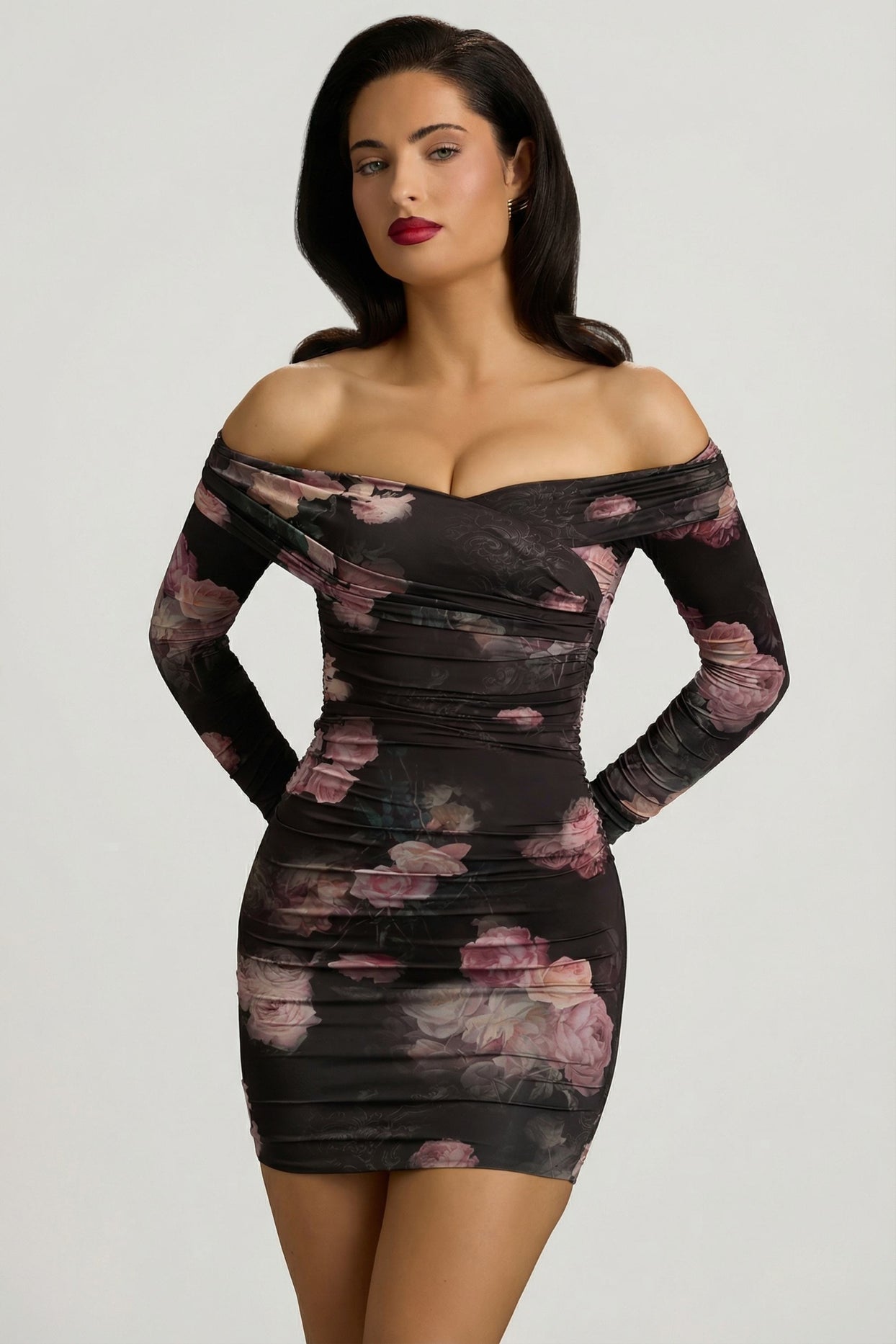 Off-Shoulder Ruched Bodycon Mini Dress in Black Floral Print - 9