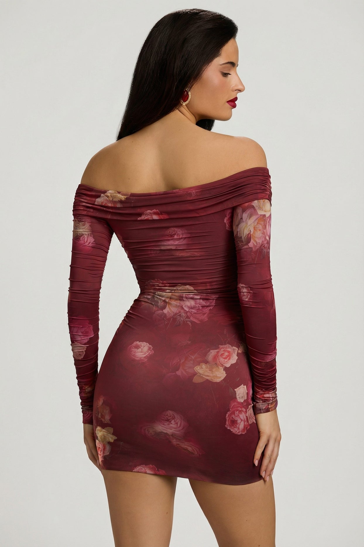 Off-Shoulder Ruched Bodycon Mini Dress in Maroon Floral Print - 10