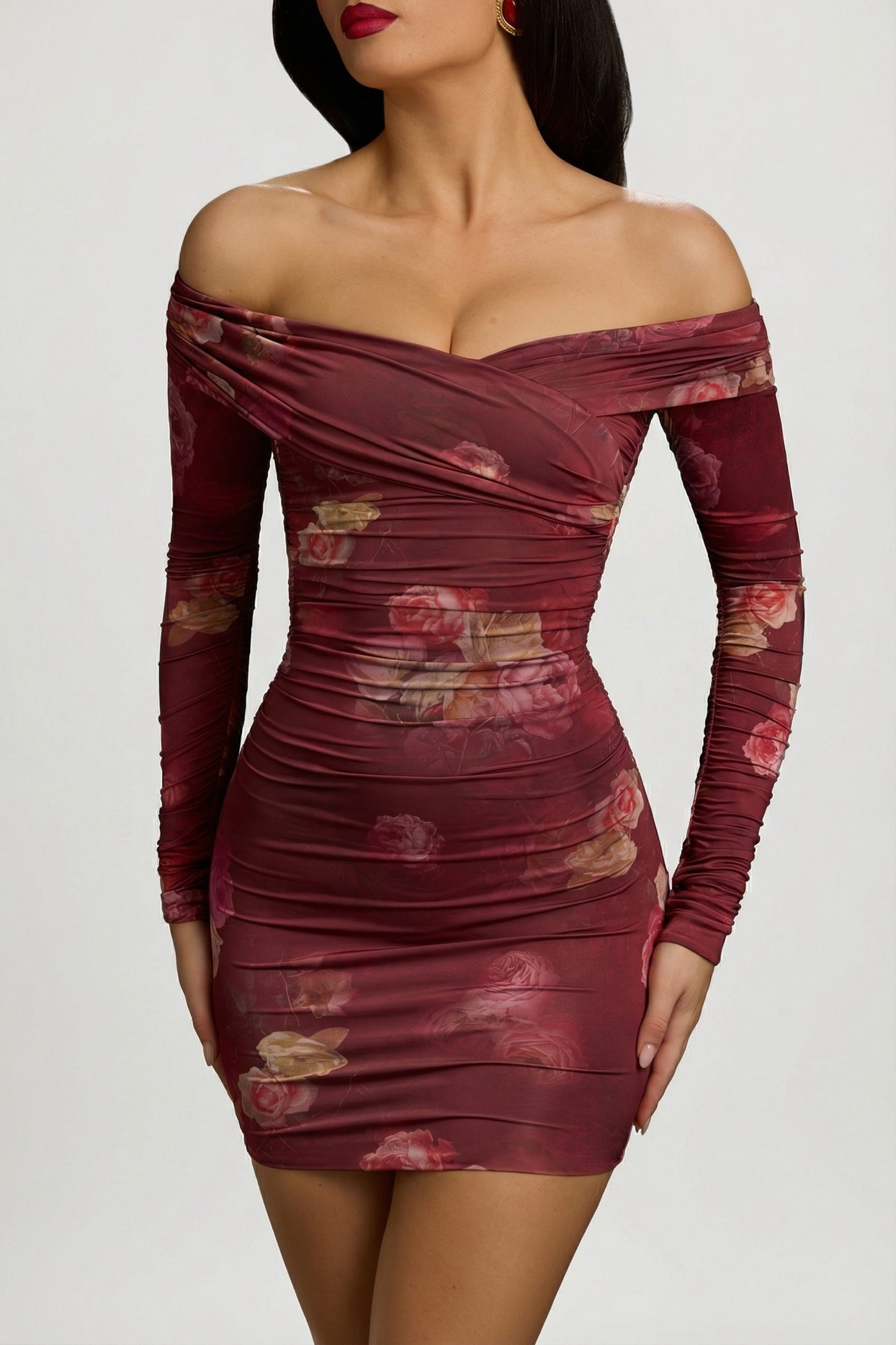 Off-Shoulder Ruched Bodycon Mini Dress in Maroon Floral Print - 11