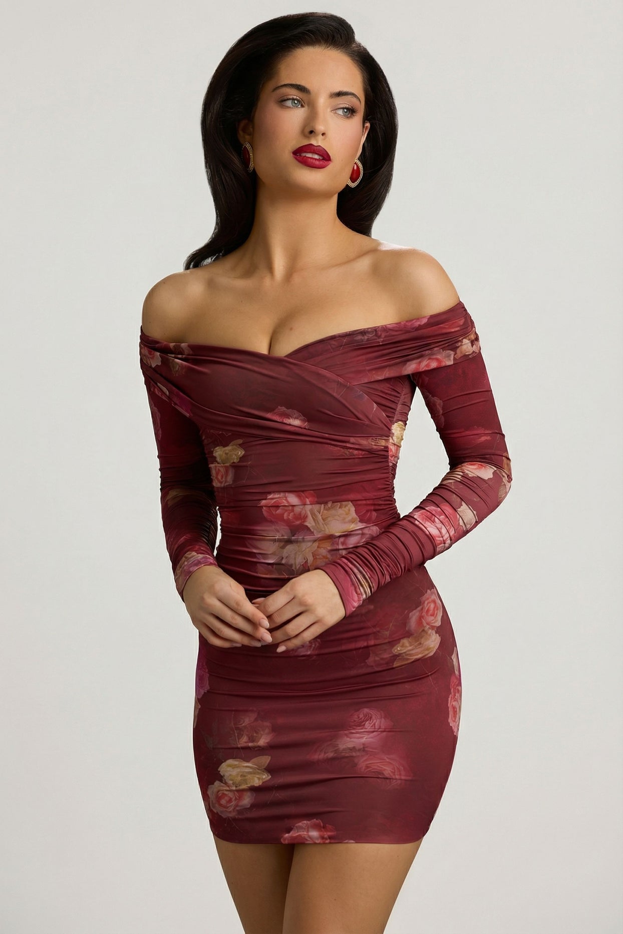 Off-Shoulder Ruched Bodycon Mini Dress in Maroon Floral Print - 15