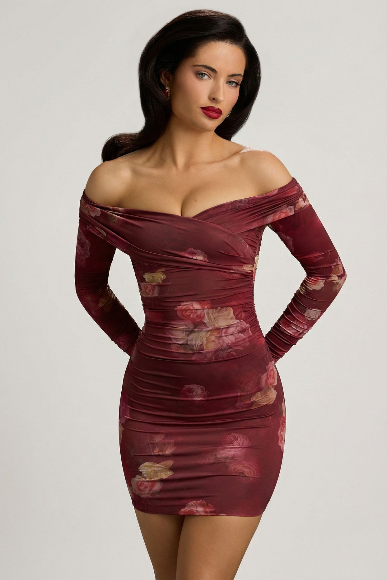 Off-Shoulder Ruched Bodycon Mini Dress in Maroon Floral Print - 9