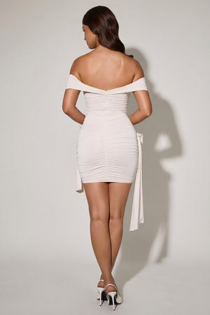 Floral-Detail Off-Shoulder Ruched Bodycon Mini Dress in Ivory
