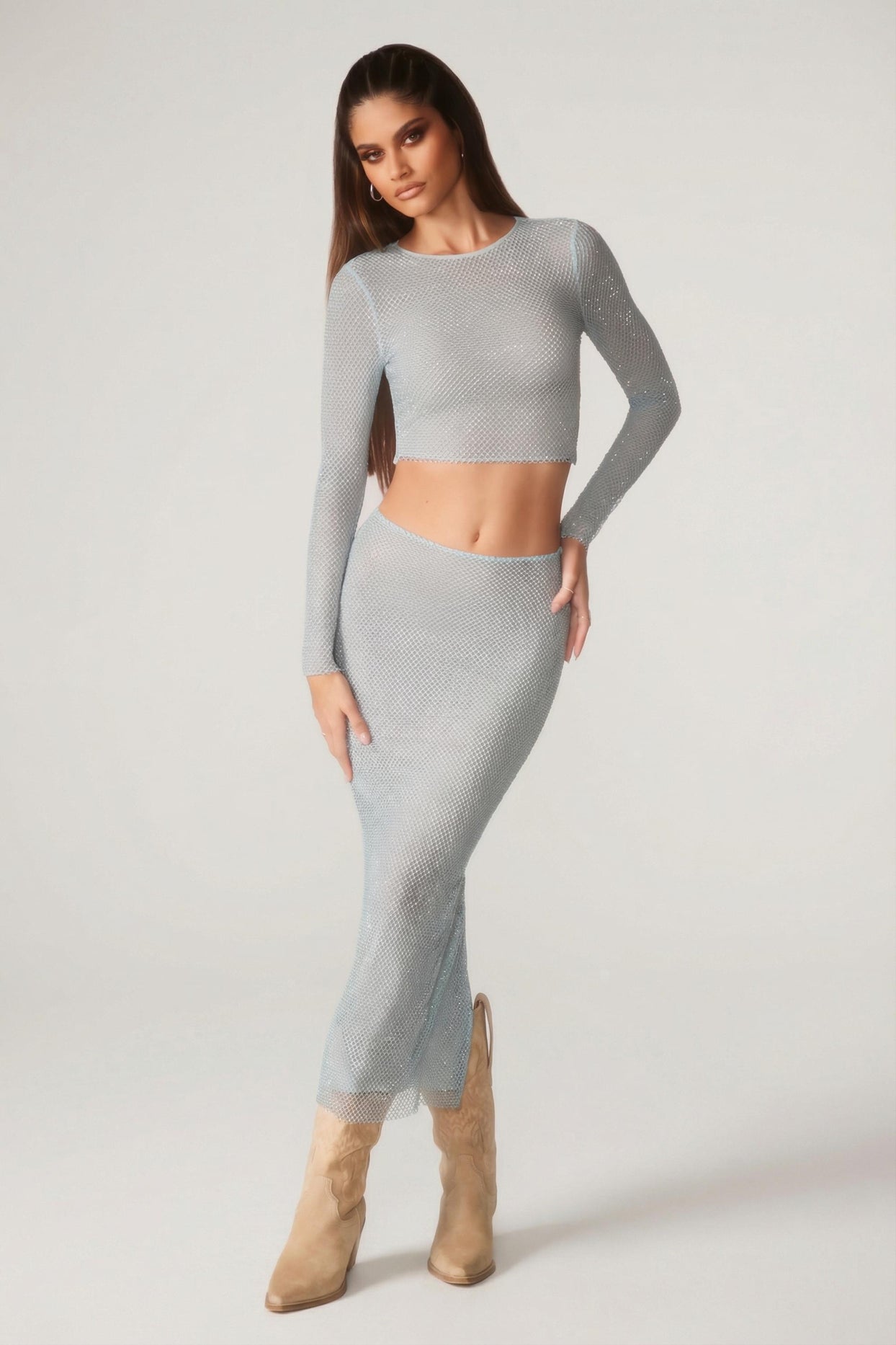 Embellished Low Rise Maxi Skirt in Aqua - 6