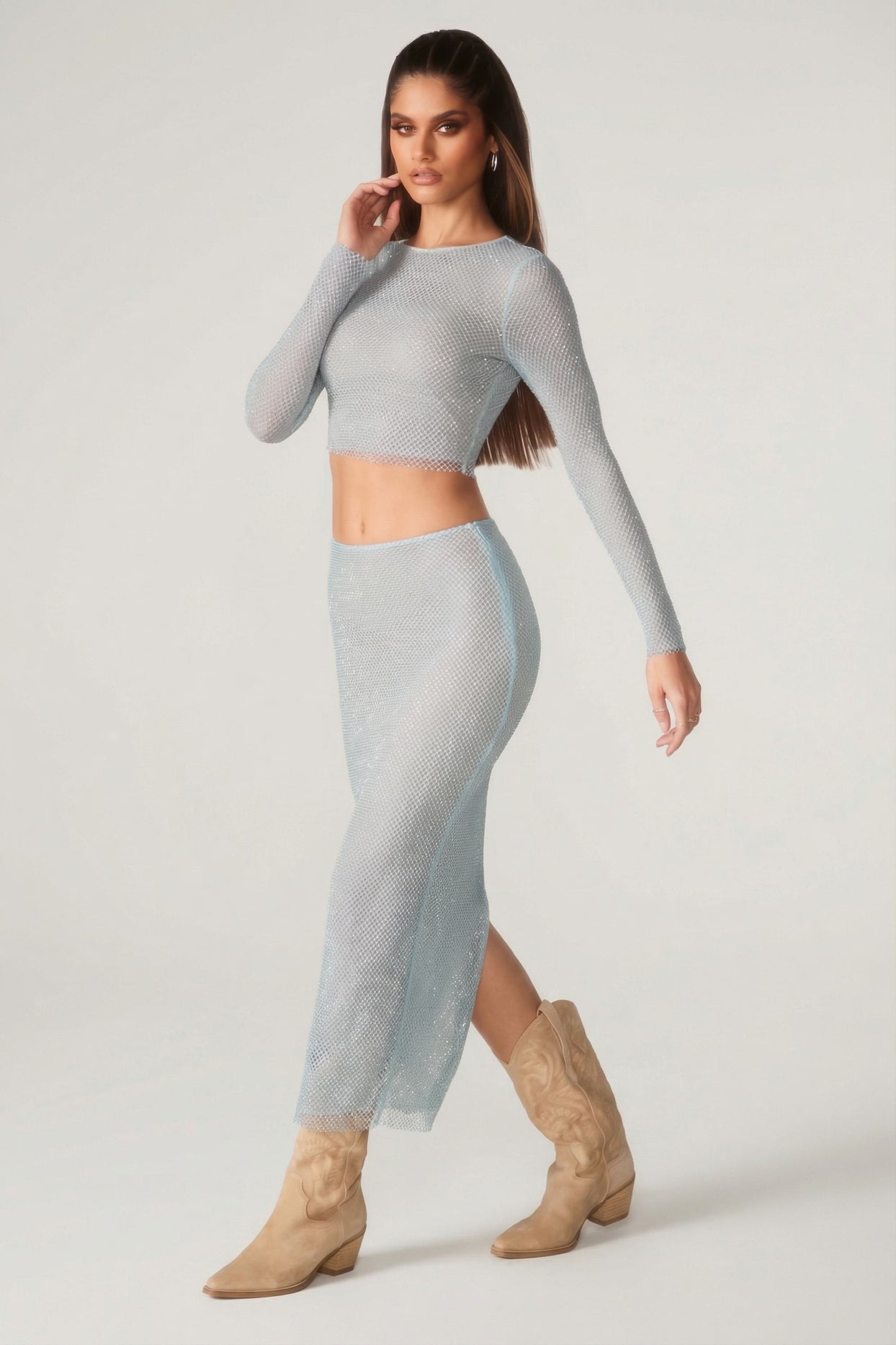 Embellished Low Rise Maxi Skirt in Aqua - 3