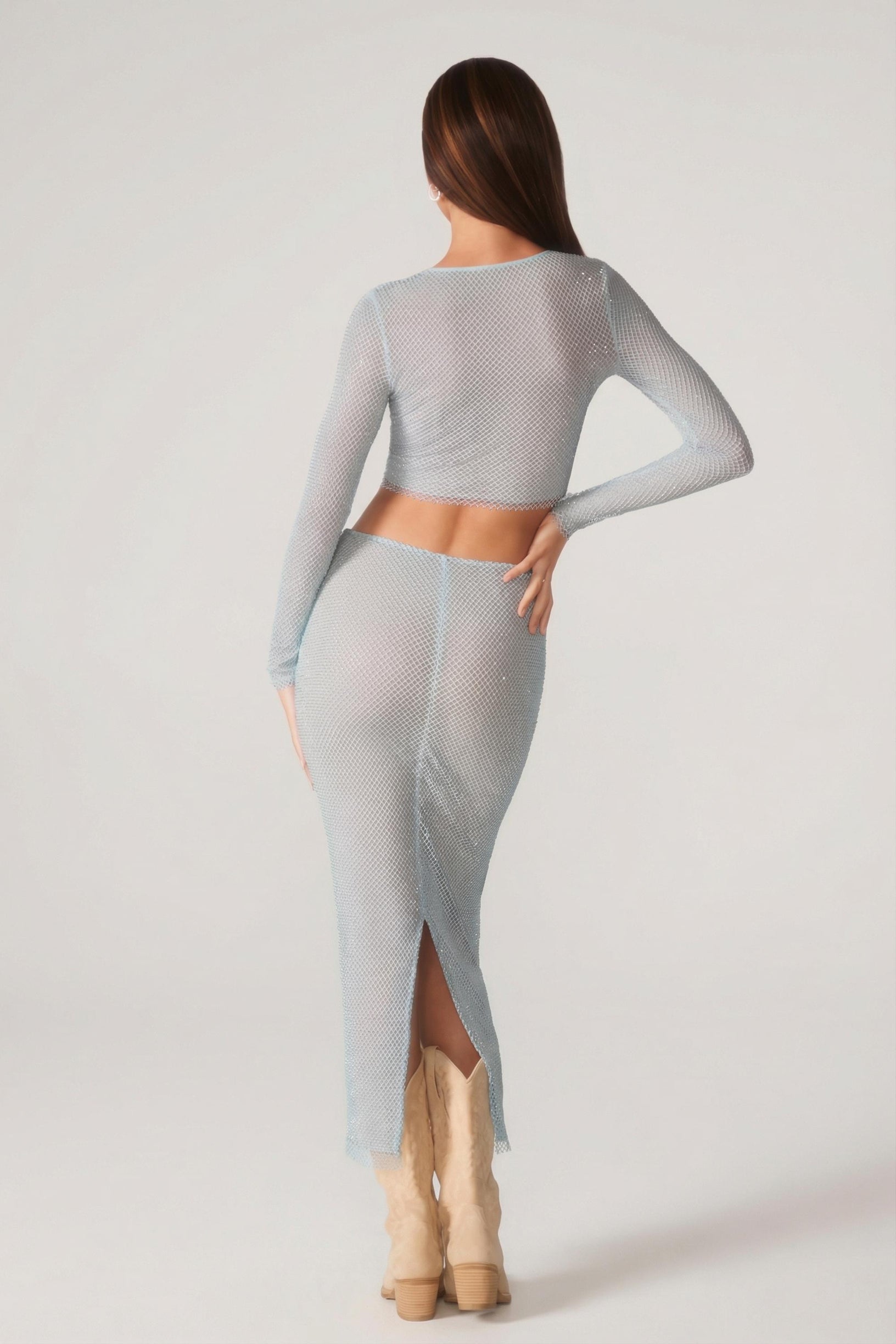 Embellished Low Rise Maxi Skirt in Aqua - 2