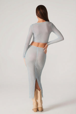 Embellished Low Rise Maxi Skirt in Aqua