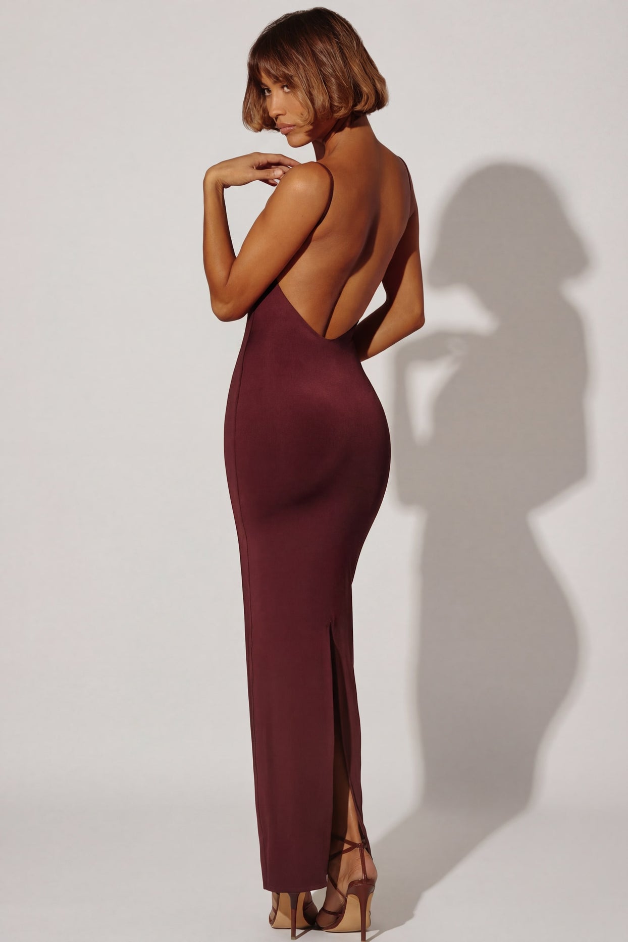 Ruched Bodycon Maxi Dress in Brown - 9