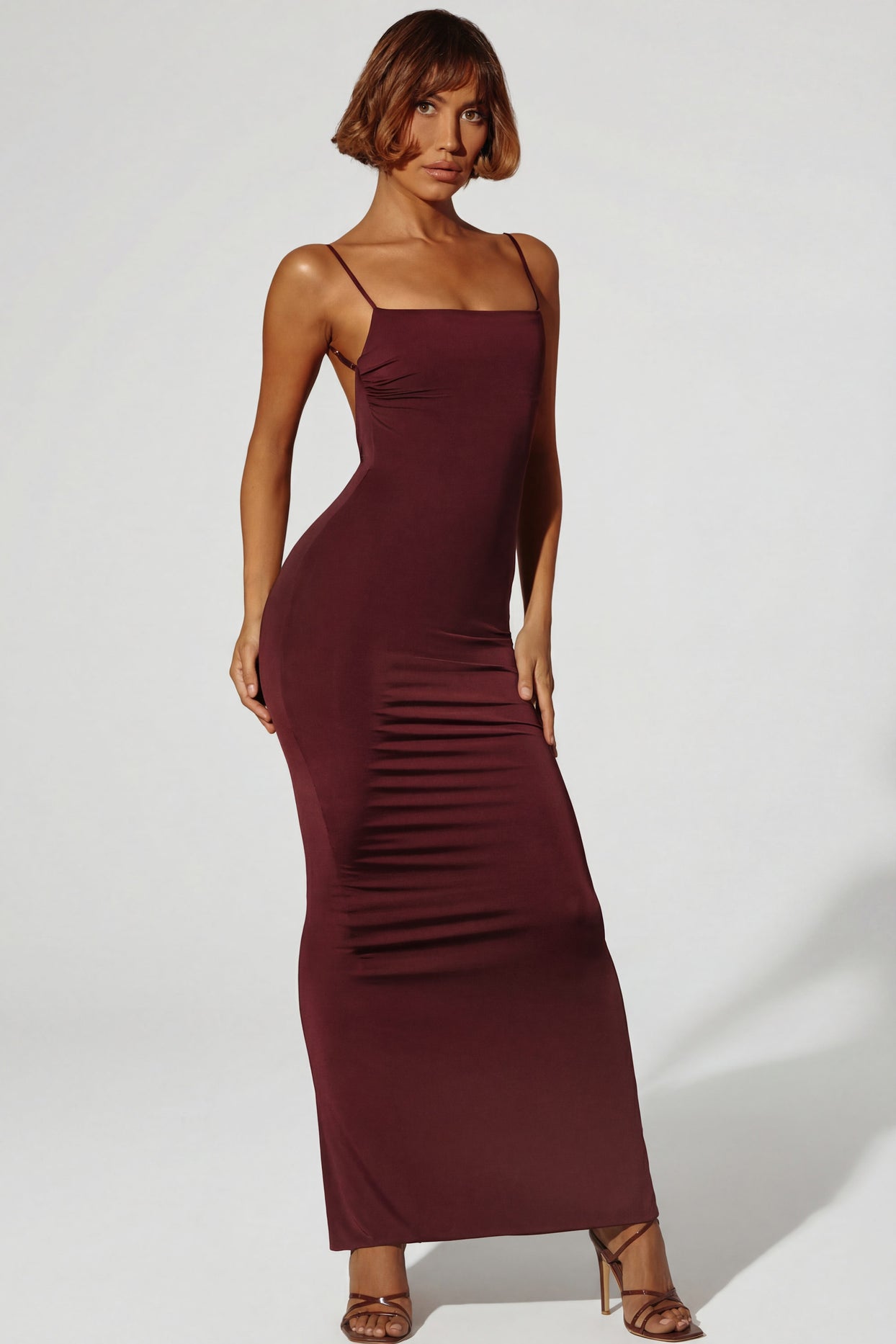 Ruched Bodycon Maxi Dress in Brown - 1