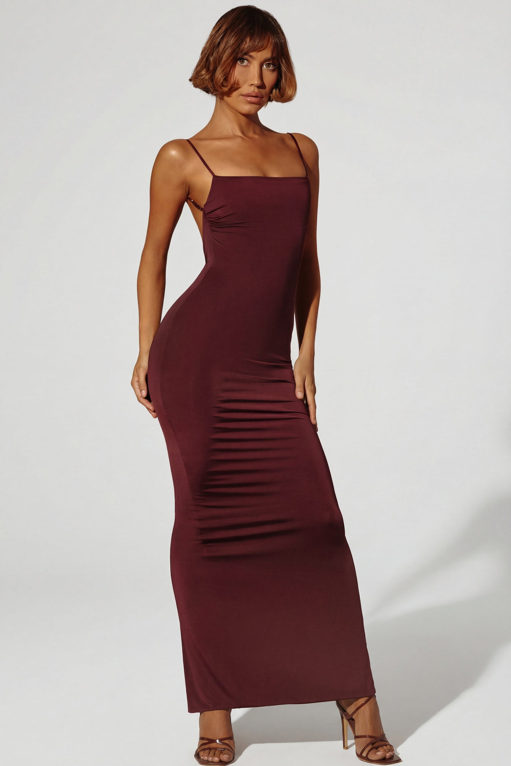 Ruched Bodycon Maxi Dress in Brown - 1