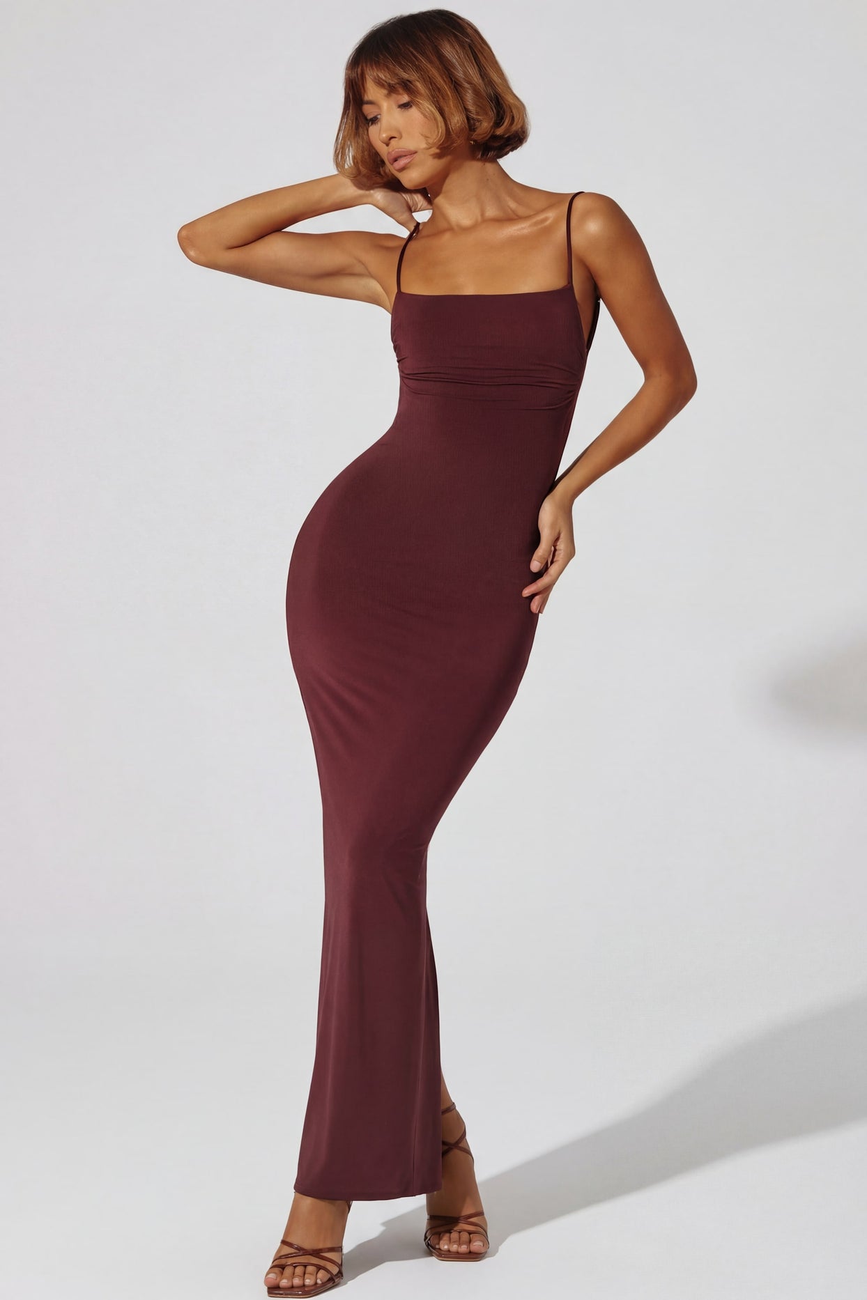 Ruched Bodycon Maxi Dress in Brown - 5