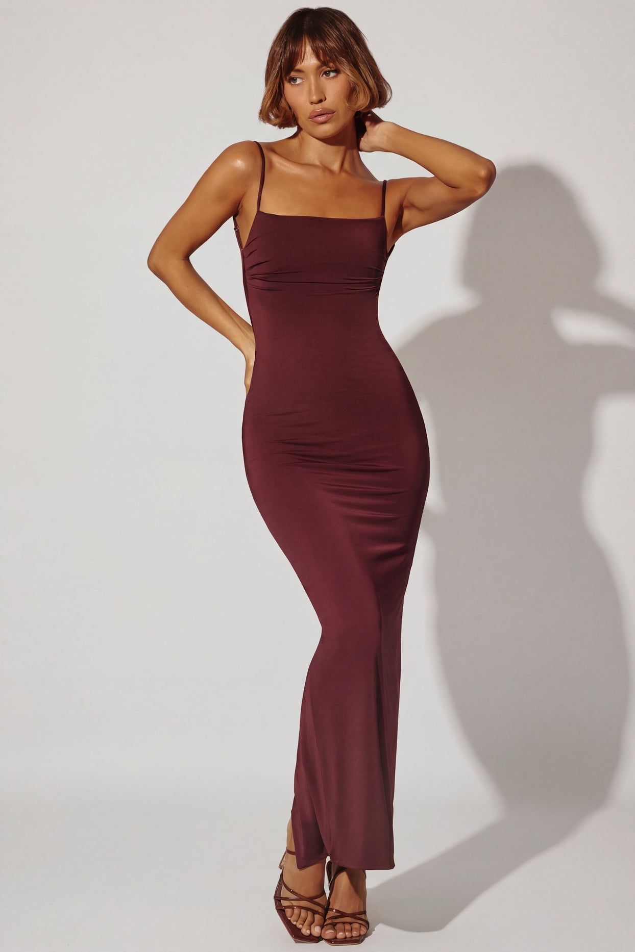 Ruched Bodycon Maxi Dress in Brown - 7