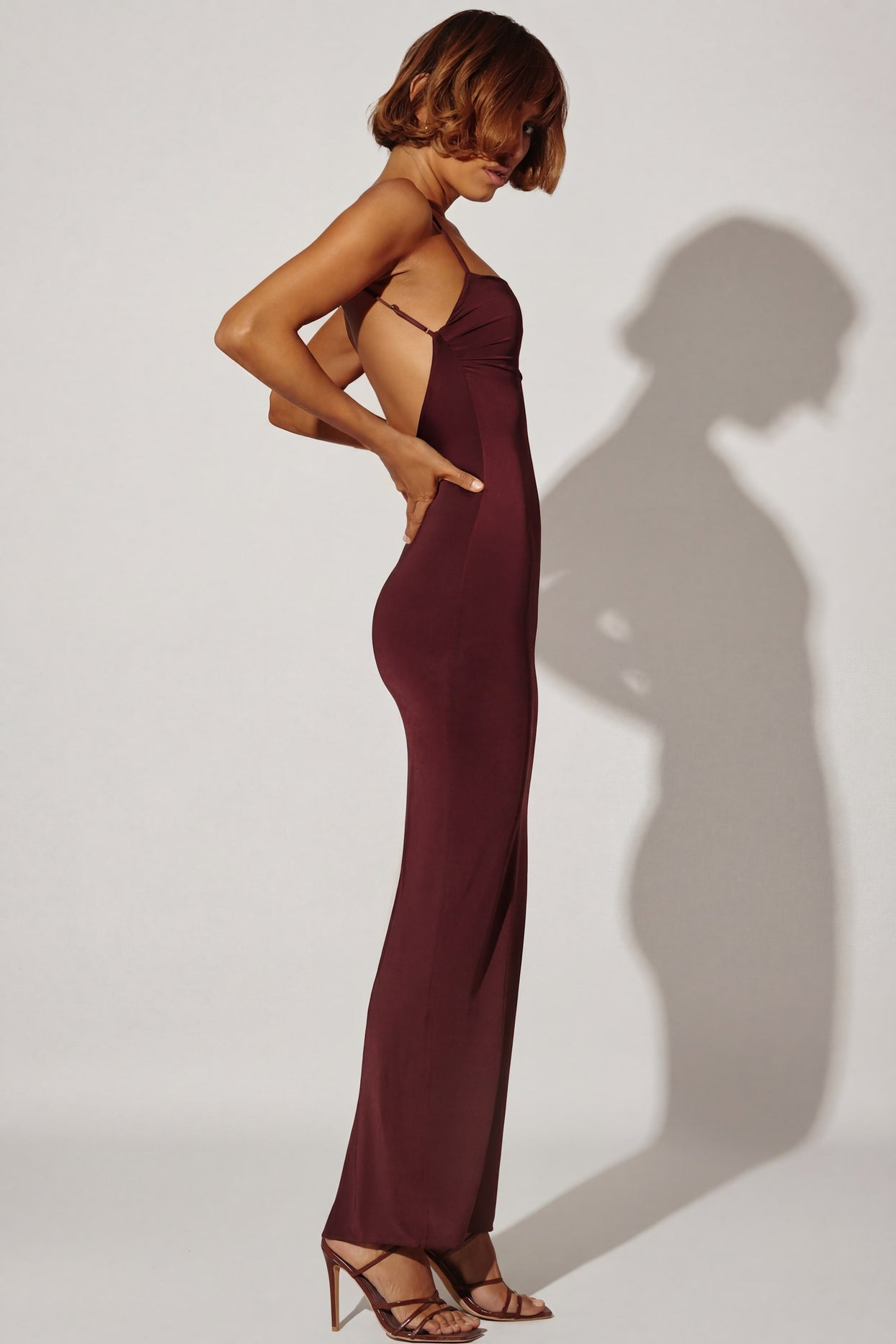 Ruched Bodycon Maxi Dress in Brown - 4