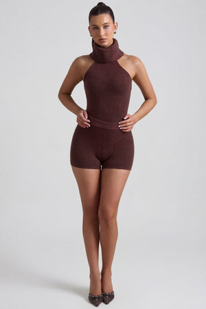 Oh Polly's Sarah wearing the Sabra Mini Shorts in Espresso Knitwear fabric perfect for casual brunch outings